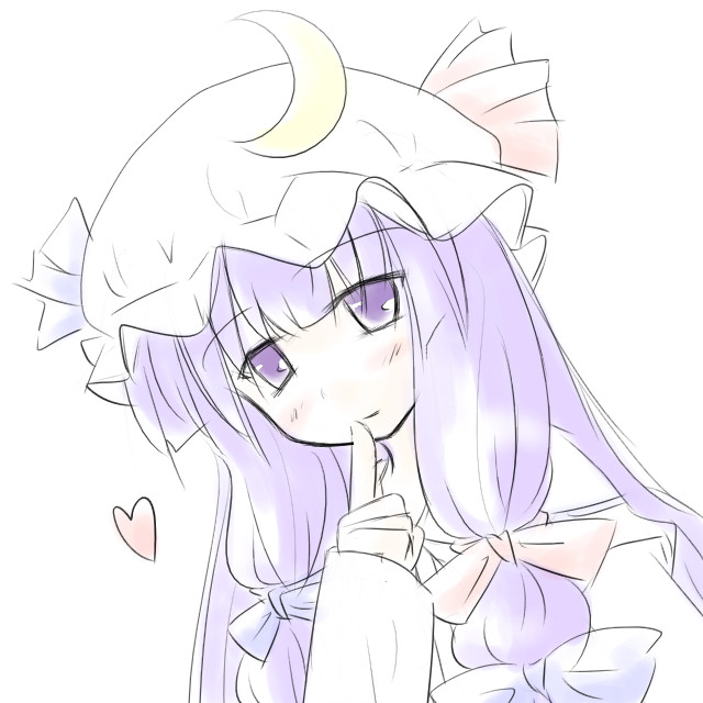 natsuki (silent selena), patchouli knowledge, touhou, 1girl, blue bow, blush, bow, crescent, female focus, finger to mouth, hair bow, hat, heart, index finger raised, long sleeves, mob cap, multi-tied hair, multiple hair bows, red bow, shushing, simple background, sketch, solo, upper body, white background