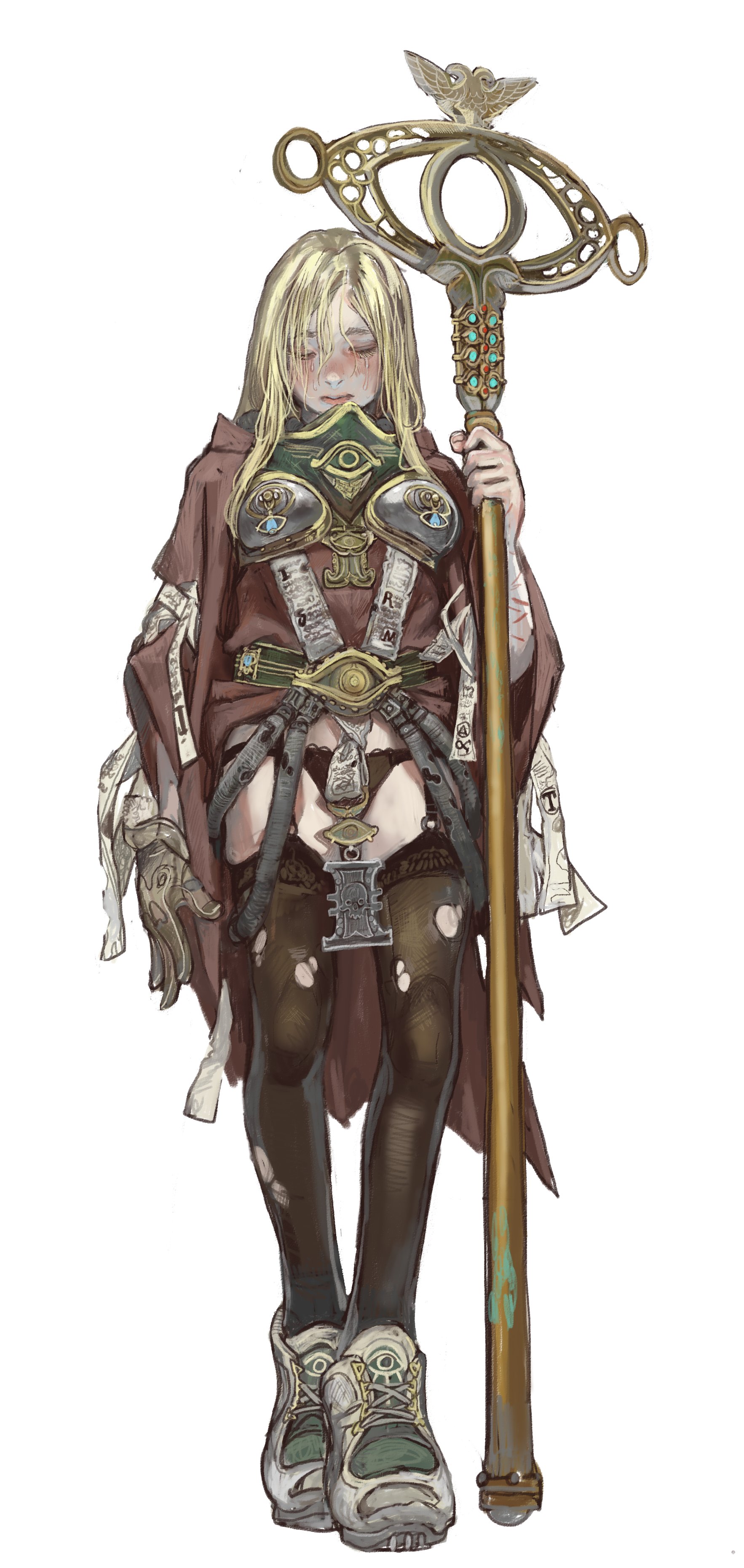 mossacannibalis, warhammer 40k, absurdres, highres, 1girl, adeptus astra telepathica, armor, belt, blonde hair, closed eyes, holding, pantyhose, robe, solo, underwear, white background