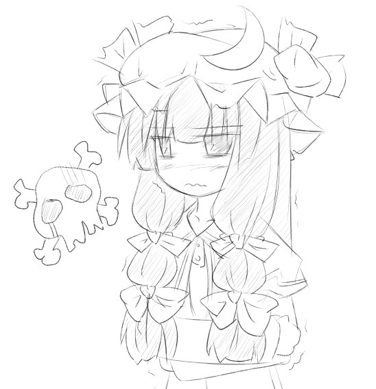 natsuki (silent selena), patchouli knowledge, touhou, 1girl, female focus, greyscale, hat, monochrome, sketch, skull, solo, white background