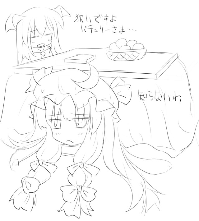 natsuki (silent selena), koakuma, patchouli knowledge, embodiment of scarlet devil, touhou, translated, 2girls, female focus, greyscale, hat, head wings, kotatsu, monochrome, multiple girls, sketch, table, white background, wings