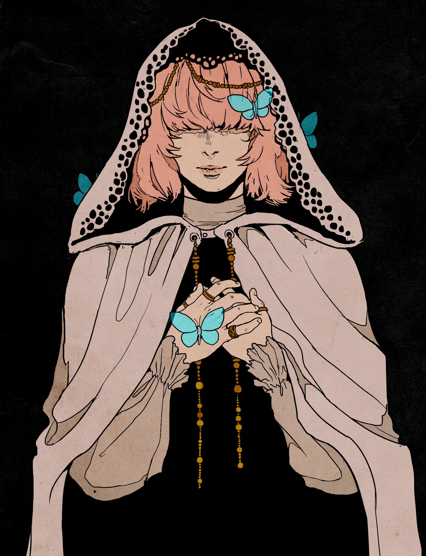 ionomycin, original, commentary, english commentary, highres, 1girl, black background, blue butterfly, bug, butterfly, cloak, closed mouth, covered eyes, drawstring, hair over eyes, hands on own chest, insect, long sleeves, orange hair, own hands together, pink hair, short hair, simple background, solo, standing, straight-on, upper body, white cloak