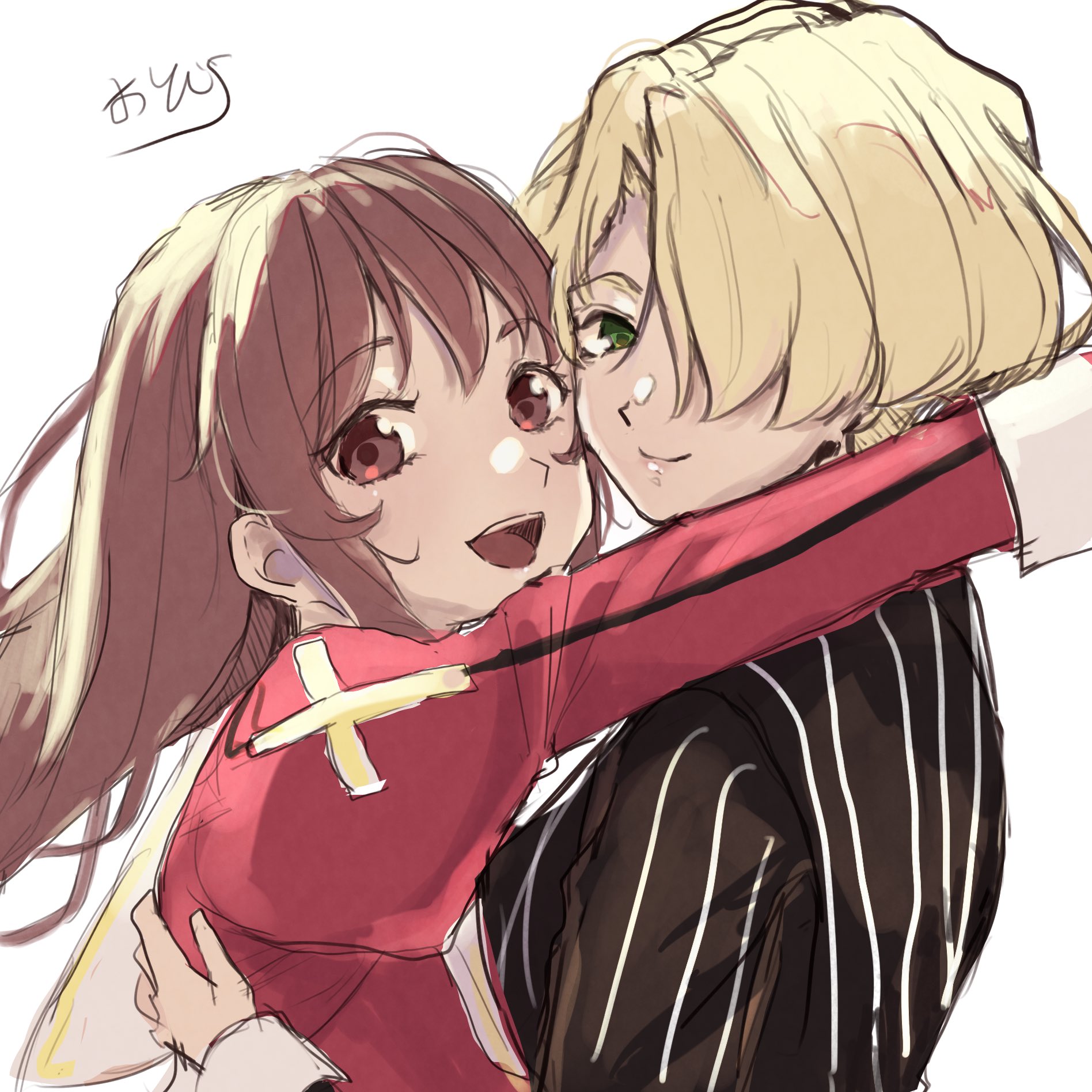 janome (batako), erica fontaine, maria tachibana, sakura taisen, sakura taisen iii, highres, black suit, blonde hair, blush, brown eyes, brown hair, collar, cross, dress, formal clothes, green eyes, hair over one eye, hug, juliet sleeves, latin cross, long hair, long sleeves, looking at viewer, open mouth, pinstripe pattern, pinstripe suit, puffy sleeves, red dress, short hair, sidelocks, smile, suit, white collar
