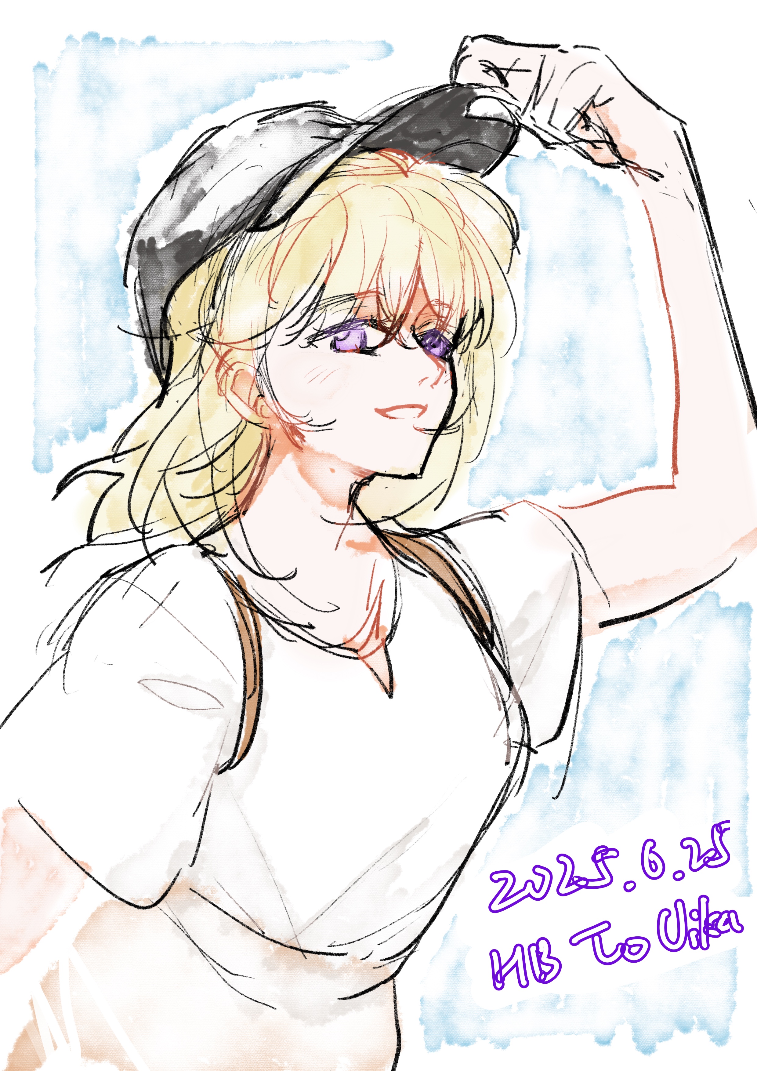 misumi uika, bang dream!, bang dream! it's mygo!!!!!, absurdres, commentary request, highres, 1girl, baseball cap, black hat, blonde hair, dated, hair between eyes, happy birthday, hat, hayashi mujina, medium hair, purple eyes, shirt, short sleeves, solo, upper body, white shirt