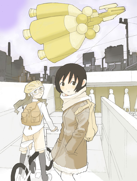 2girls, backpack, bag, bicycle, city, coat, long hair, multiple girls, randoseru, short hair, spacecraft
