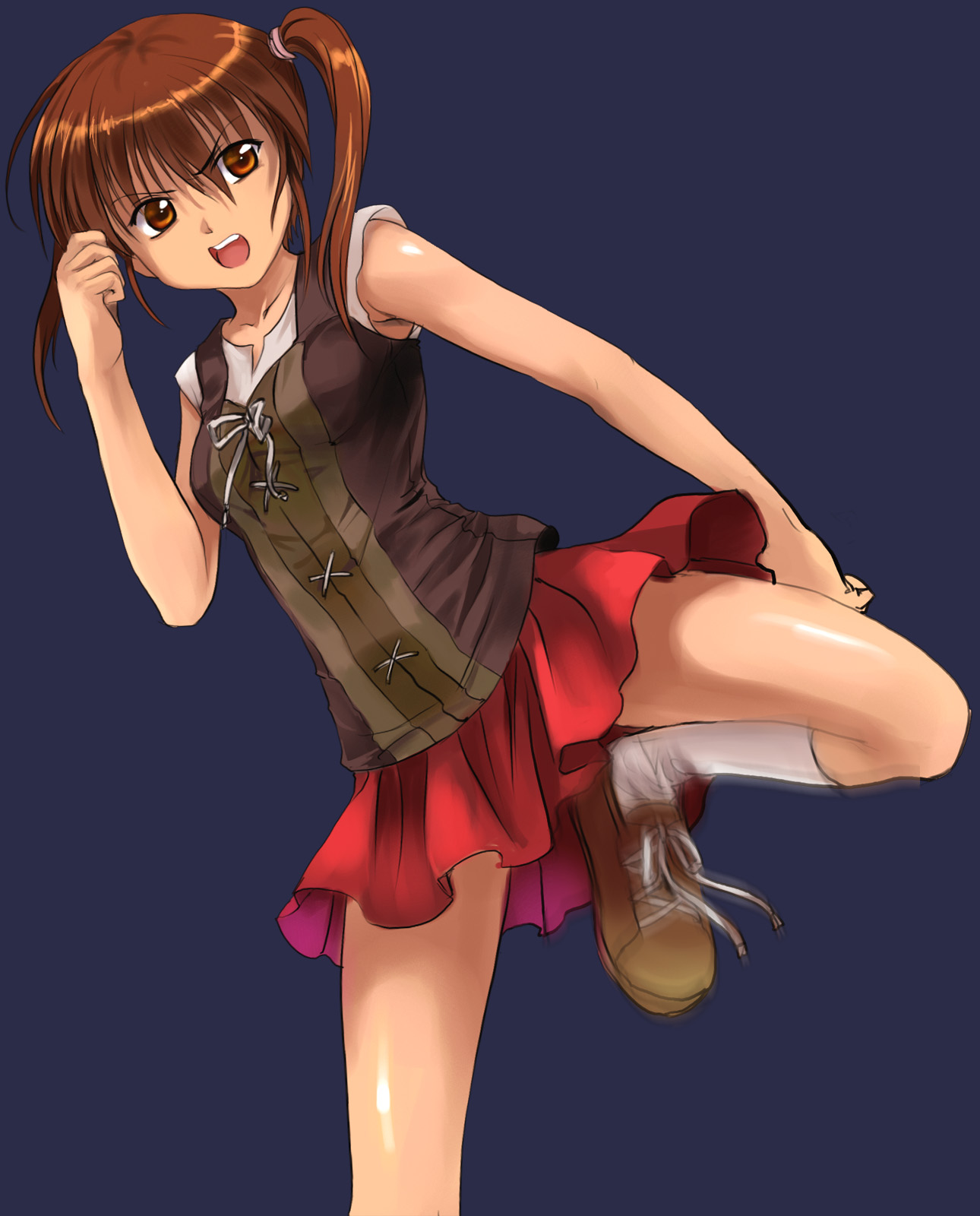mutsuki (moonknives), kanako, kanako (clannad), clannad, key (company), tomoyo after, highres, non-web source, 00s, 1girl, angry, brown eyes, brown hair, female focus, kneehighs, skirt, socks, solo, twintails