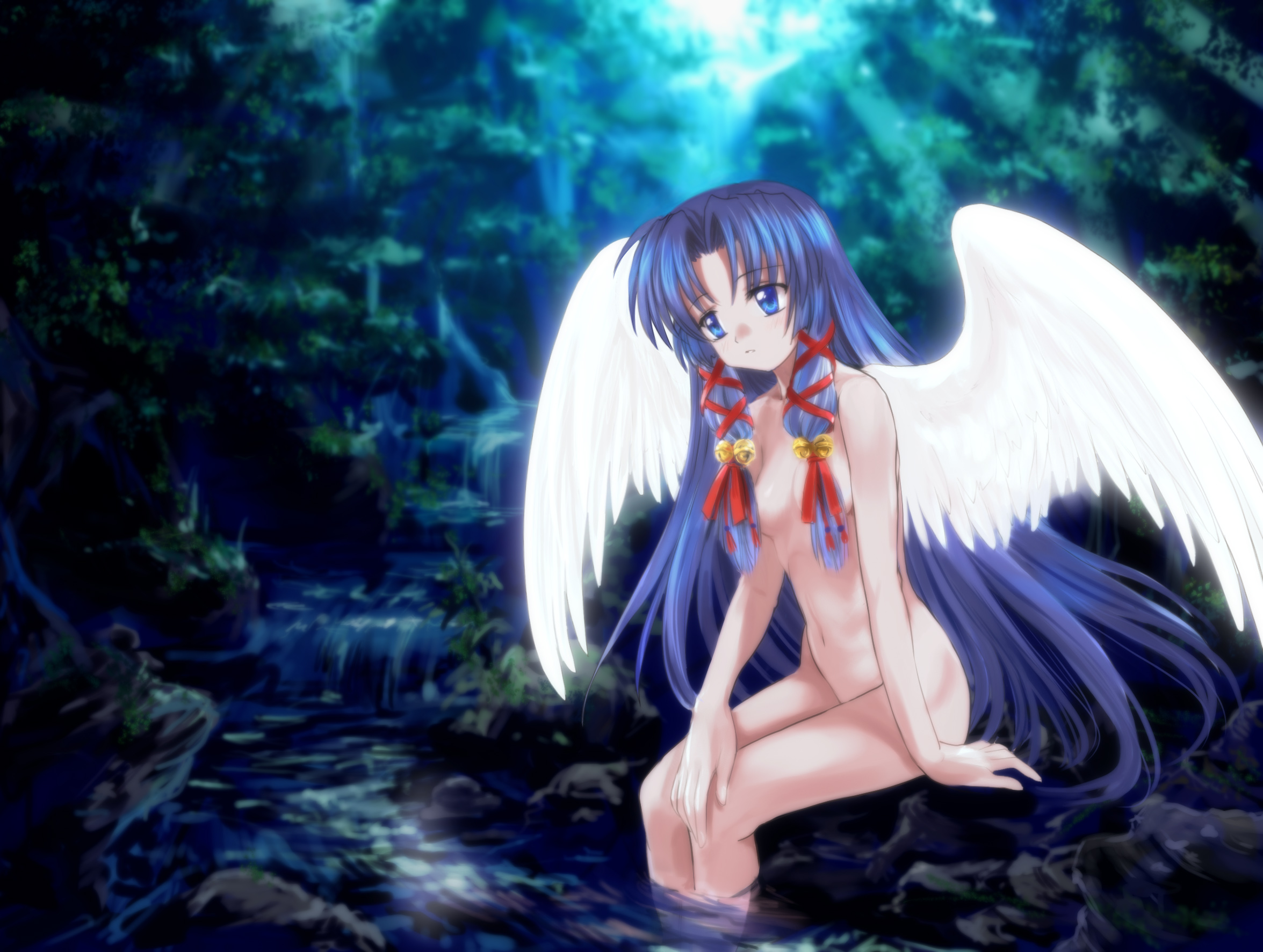 mutsuki (moonknives), kannabi no mikoto, air (visual novel), key (company), highres, non-web source, 00s, angel, angel wings, bell, blue hair, hair ribbon, long hair, nude, ribbon, solo, water, wings