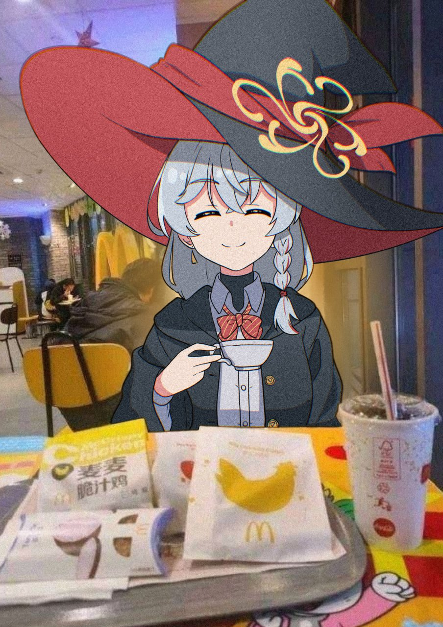 hrna, eri (blue archive), blue archive, mcdonald's, aura, bow, bowtie, braid, chair, closed eyes, earrings, halo, hat, jacket, jewelry, long coat, long hair, orange eyes, photo background, restaurant, shirt, smile, soda, sweater, table, tea cup, white hair, witch hat