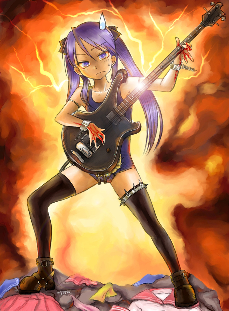 fukushima nyuugyou inc, srungle, hiiragi kagami, lucky star, bad id, bad pixiv id, 00s, 1girl, bass guitar, female focus, guitar, instrument, long hair, purple hair, solo, sweatdrop, thighhighs, twintails