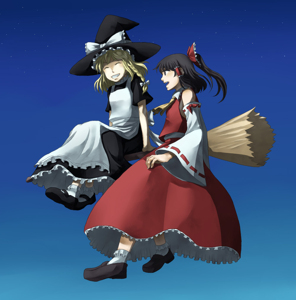 hakurei reimu, kirisame marisa, touhou, 2girls, blonde hair, broom, broom riding, closed eyes, female focus, flying, frills, hat, multiple girls, open mouth, sidesaddle, smile, witch hat