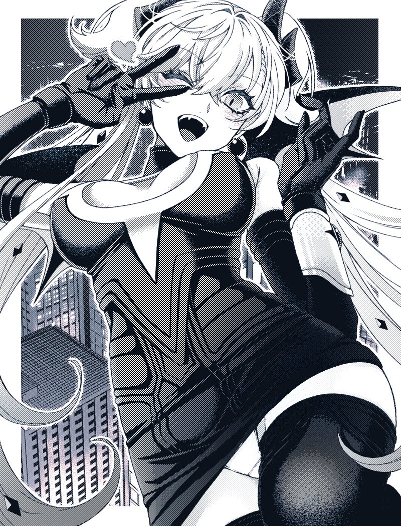 ssm chan 009, lilith (fate), fate/grand order, fate (series), 1girl, bat wings, cityscape, demon horns, dress, earrings, fangs, greyscale, heart, horns, jewelry, long hair, monochrome, one eye closed, open mouth, solo, thighhighs, twintails, v, wings
