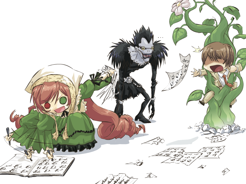 john su, ryuk, suiseiseki, yagami light, death note, rozen maiden, desu, 00s, 1girl, 2boys, afterimage, book, brown hair, crossover, death note (object), flower, headscarf, heterochromia, long hair, multiple boys, necktie, notebook, plant, pun, shinigami, very long hair, white headscarf