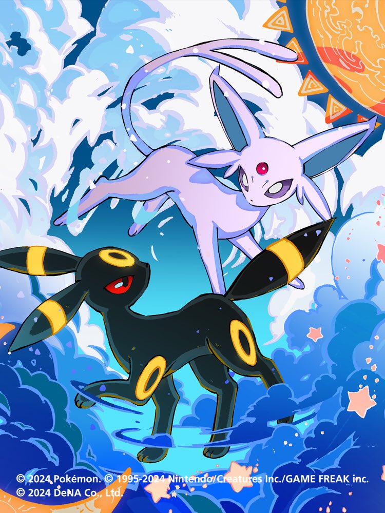 aozukikawasemi, espeon, umbreon, nintendo, pokemon, pokemon tcg, pokemon tcg pocket, commentary request, official art, animal focus, cloud, company name, copyright name, copyright notice, crescent moon, forehead jewel, forked tail, gen 2 pokemon, looking at another, moon, no humans, pokemon (creature), pokemon focus, red eyes, star (symbol), sun, tail