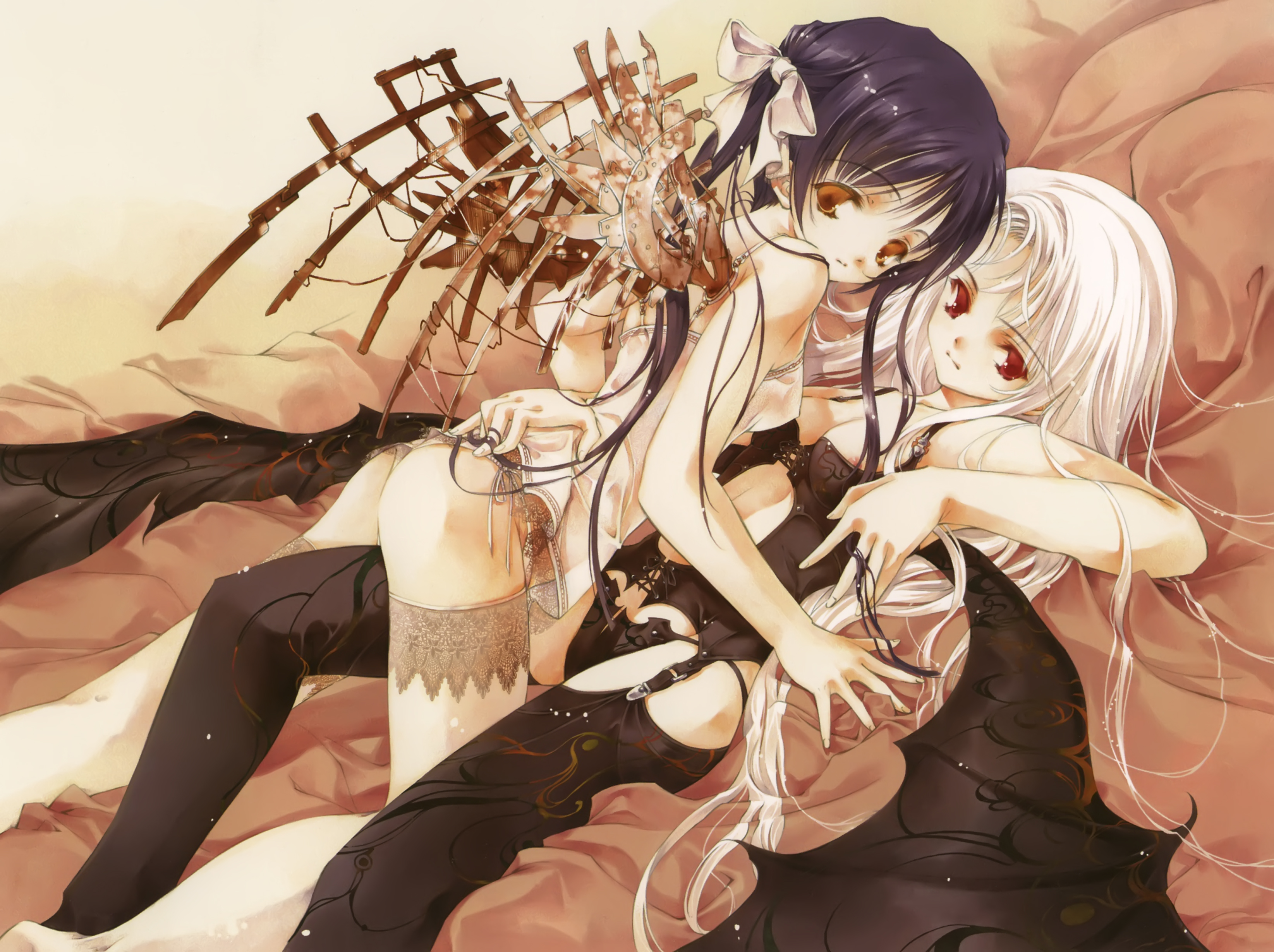 sumi keiichi, original, print legwear, absurdres, highres, 2girls, albino, angel, angel and devil, ass, bat wings, bed, black panties, blue hair, breasts, brown eyes, corset, couple, demon, demon girl, frottage, loli, long hair, mechanical wings, multiple girls, nipple slip, nipples, panties, red eyes, small breasts, thighhighs, twintails, underwear, white hair, wings, yuri