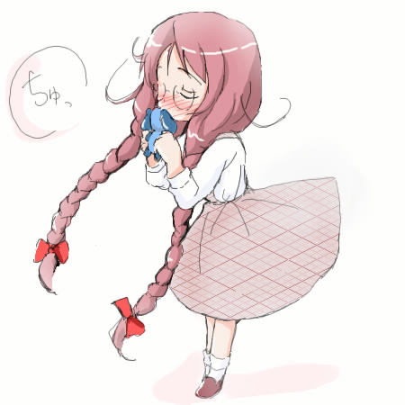 kojima tsuma, amatsuka kosame, baby princess, lowres, 10s, blush, bow, braid, closed eyes, dress, glasses, hair bow, kiss, long hair, object kiss, pink hair, simple background, socks, standing, stuffed animal, stuffed toy, twin braids