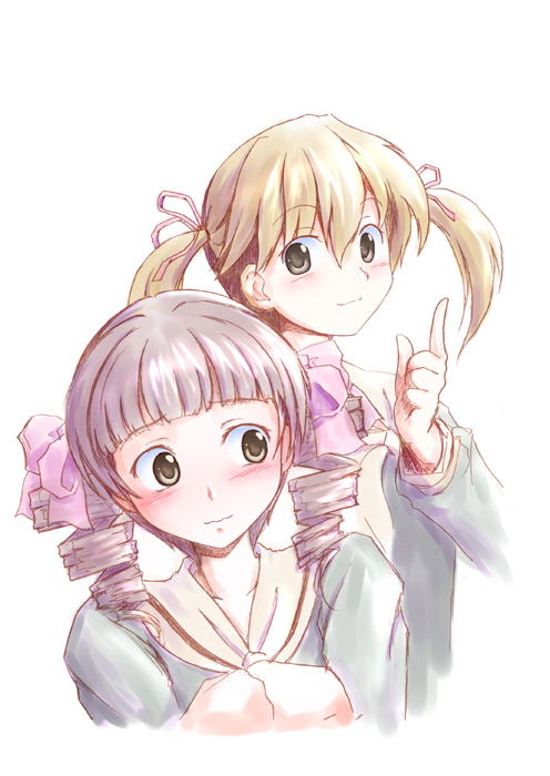 sasaki akira (ugc), fukuzawa yumi, matsudaira touko, maria-sama ga miteru, 00s, 2girls, blonde hair, blush, brown hair, closed mouth, drill hair, frown, green eyes, index finger raised, long sleeves, looking at viewer, multiple girls, sailor collar, school uniform, serafuku, simple background, smile, twin drills, twintails, white background