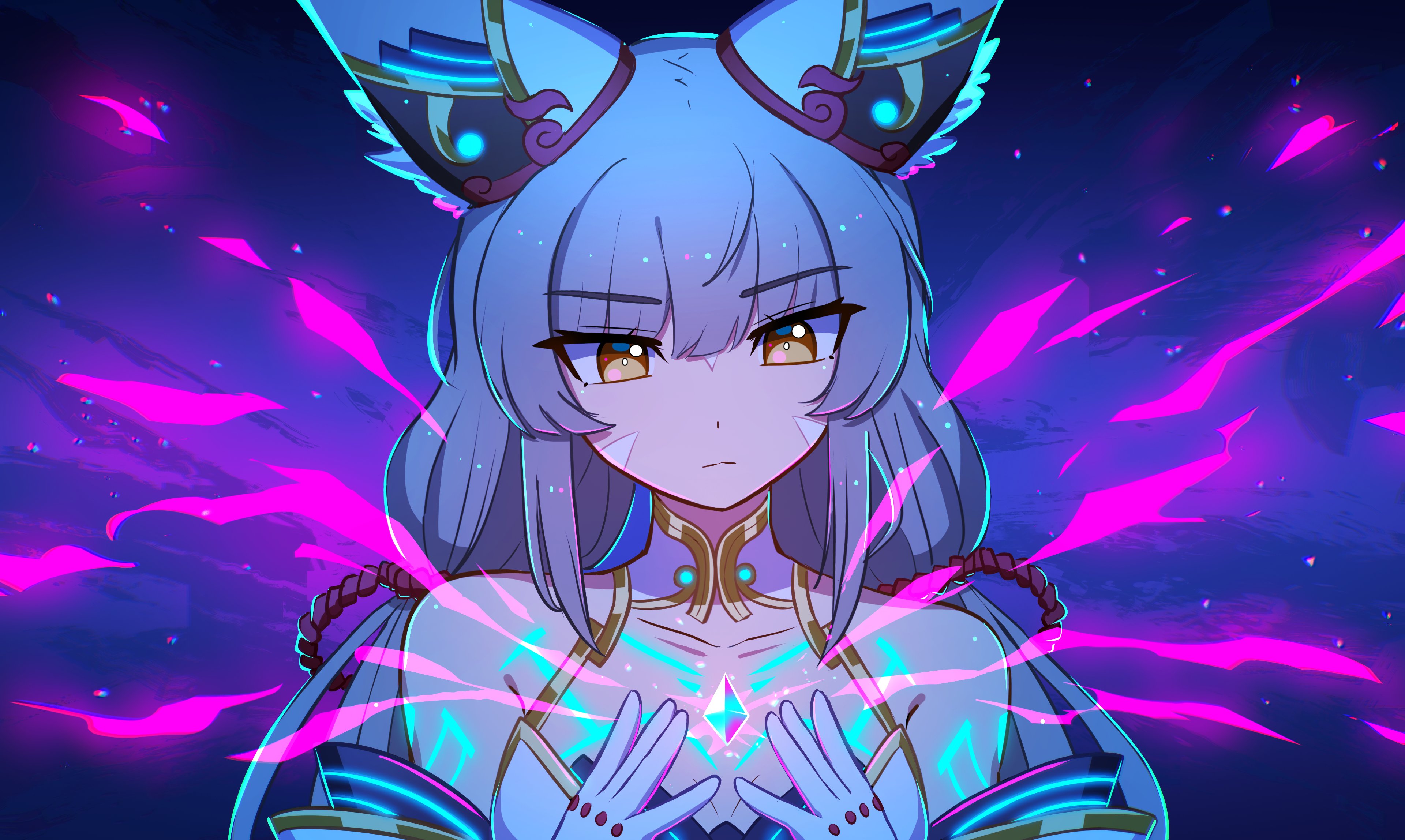 enni, nia (blade) (xenoblade), nia (xenoblade), xenoblade chronicles (series), xenoblade chronicles 2, absurdres, highres, 1girl, animal ears, chest jewel, core crystal (xenoblade), facial mark, grey hair, hands on own chest, low twintails, twintails, yellow eyes