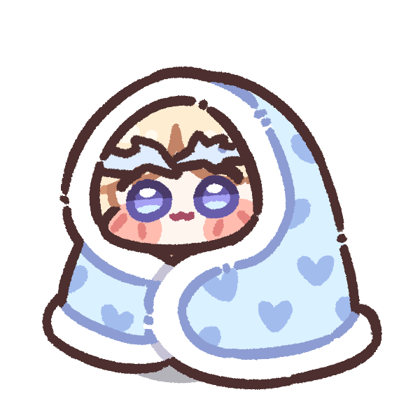bugi 33, cartethyia (wuthering waves), wuthering waves, blanket, blonde hair, blush stickers, chibi, chibi only, facing viewer, looking at viewer, solo, under covers, white background