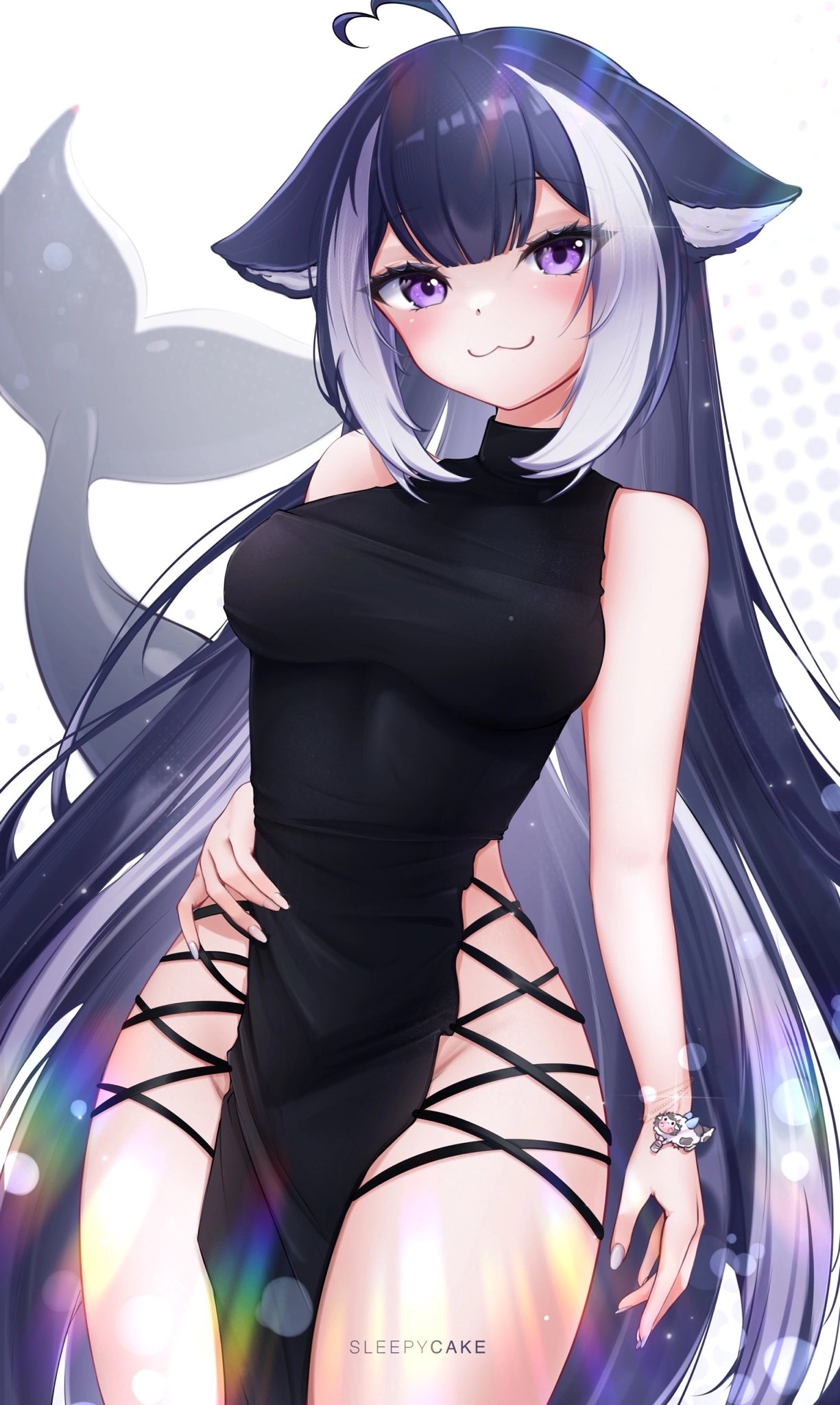 sleepycake, shylily, indie virtual youtuber, commentary, english commentary, highres, 1girl, :3, ahoge, alternate costume, animal ears, artist name, bare shoulders, black dress, blush, breasts, cat ears, cetacean tail, closed mouth, dress, droopy ears, fingernails, fins, fish tail, hand on own hip, large breasts, looking at viewer, pelvic curtain, purple eyes, sleeveless, sleeveless dress, solo, tail, virtual youtuber