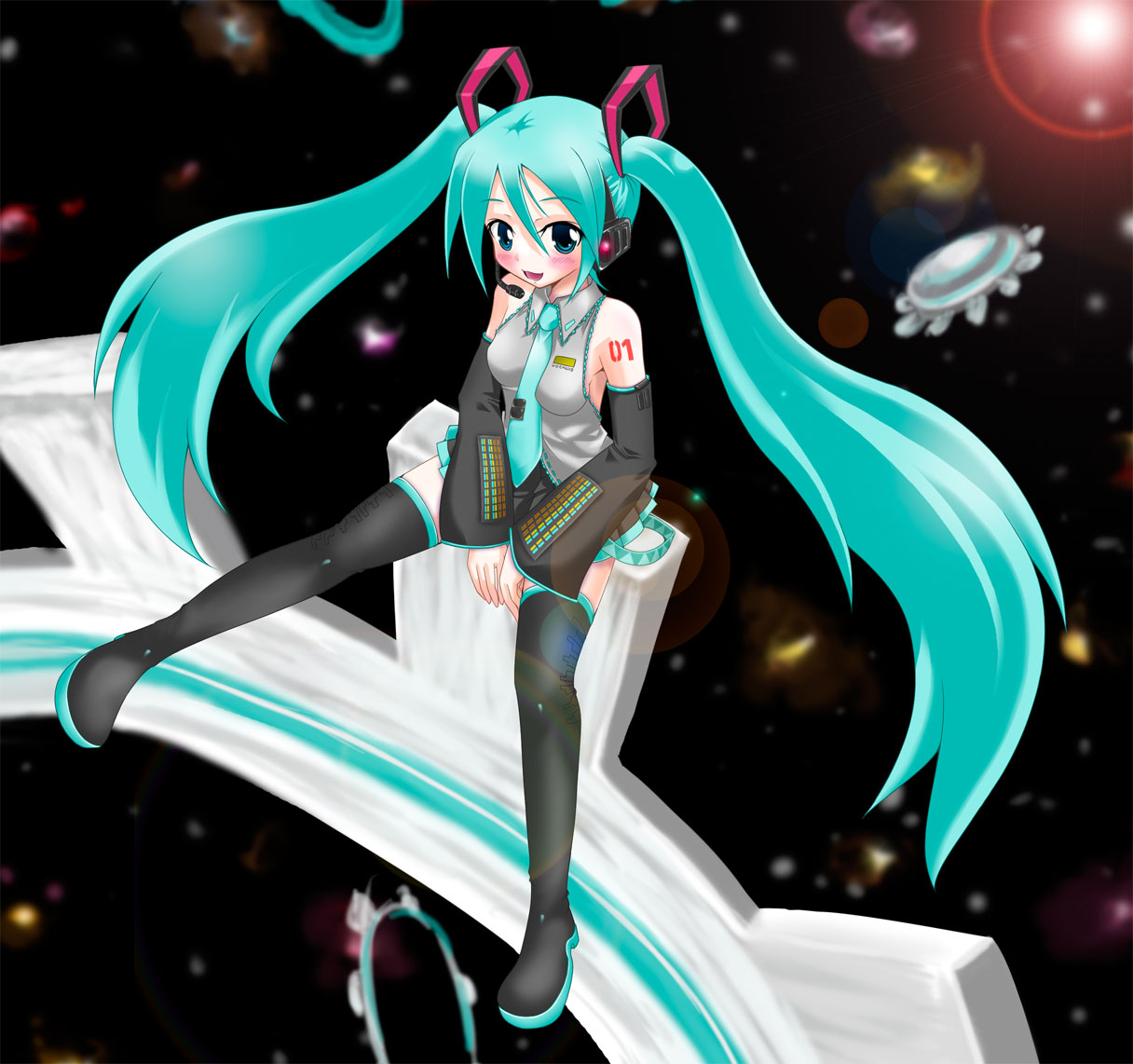 naegi (naegidokoro), nibiqn, hatsune miku, vocaloid, 1girl, aqua hair, female focus, solo, thighhighs, twintails