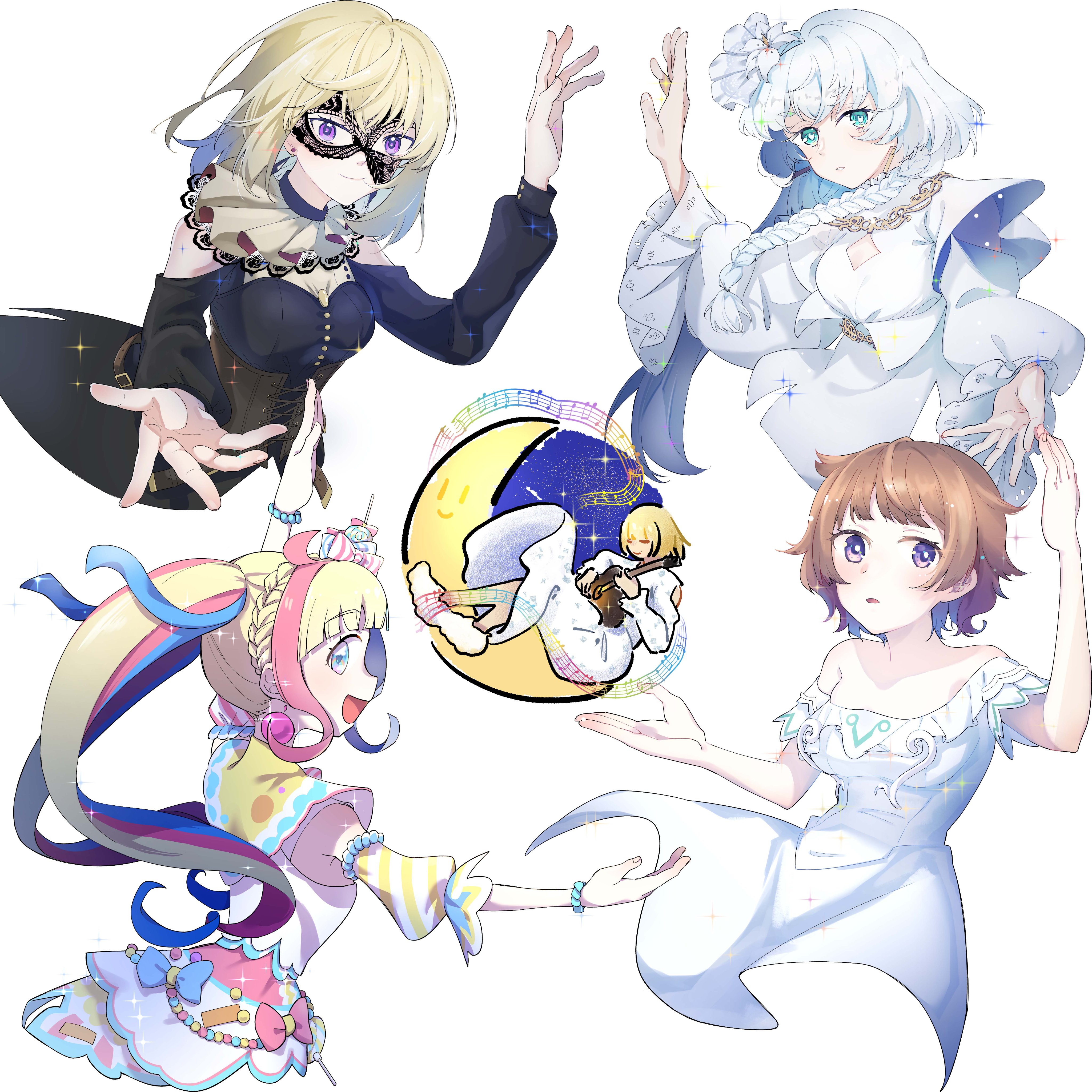 daia (pri chan), doloris (bang dream!), misumi uika, sasuga chisa, kiratto pri chan, pretty series, world dai star, absurdres, character request, commentary request, copyright request, highres, 5girls, acoustic guitar, black mask, blonde hair, blue eyes, brown corset, brown hair, corset, dress, flower stand art, guitar, hayashi mujina, instrument, long hair, long sleeves, mask, masquerade mask, multiple girls, open mouth, purple eyes, sasaki rico (voice actor), short sleeves, voice actor, voice actor connection, white dress, white hair