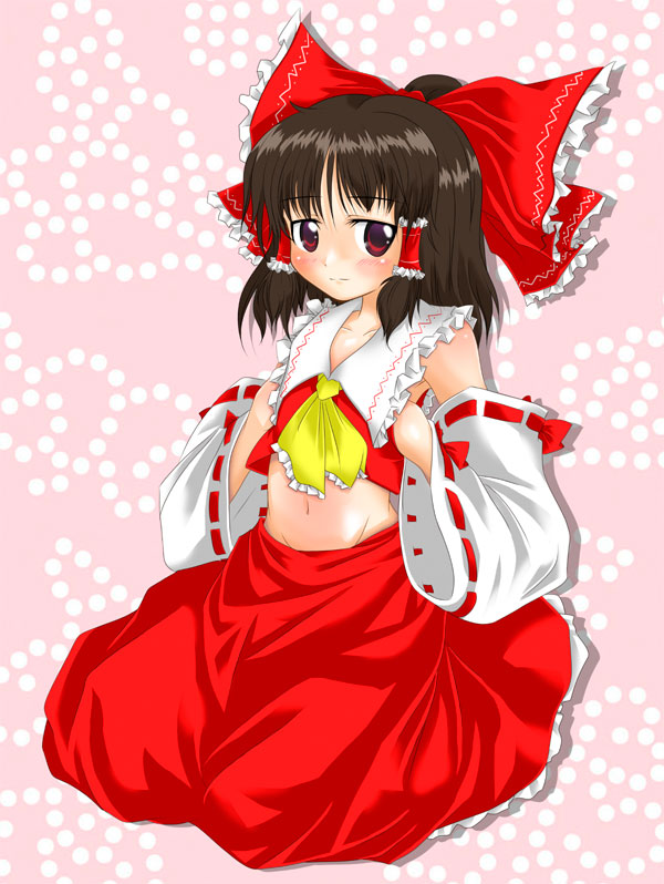 naegi (naegidokoro), hakurei reimu, touhou, 1girl, blush, bow, brown eyes, brown hair, collar, collarbone, detached sleeves, female focus, hair bow, hair tubes, long sleeves, looking at viewer, midriff, navel, nose blush, red bow, red skirt, ribbon-trimmed sleeves, ribbon trim, seiza, sidelocks, sitting, skirt, solo, stomach, vest