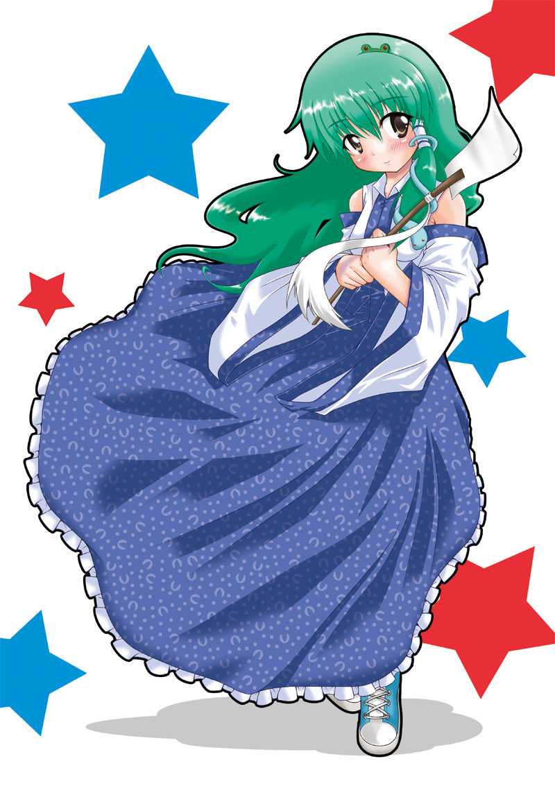naegi (naegidokoro), kochiya sanae, touhou, 1girl, asymmetrical hair, blue skirt, blush, detached sleeves, female focus, frog hair ornament, full body, gohei, green eyes, green hair, hair ornament, holding, long hair, long sleeves, looking at viewer, matching hair/eyes, oonusa, simple background, skirt, snake hair ornament, solo, standing, star (symbol), white background, yellow eyes