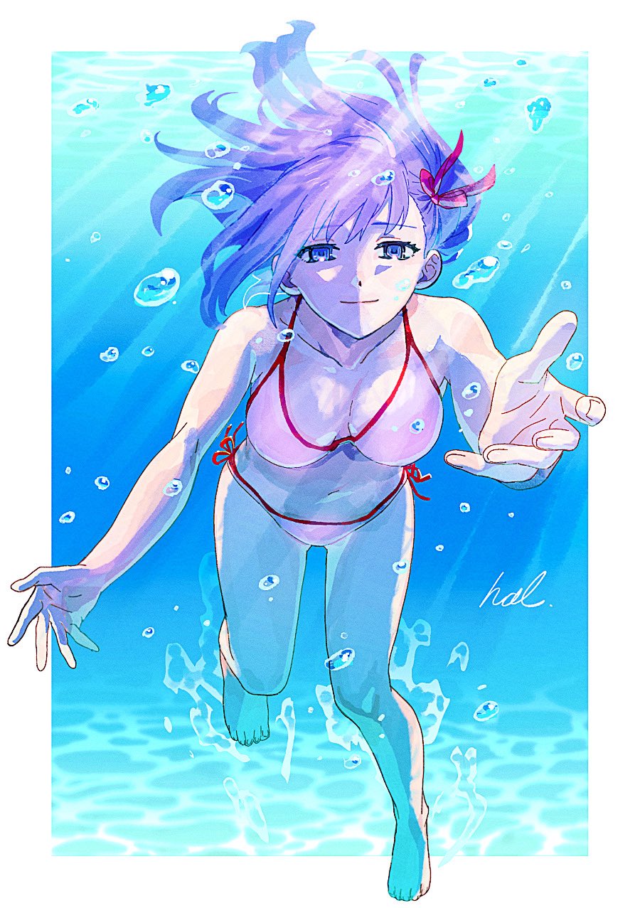 hal (haaaalhal), matou sakura, fate/stay night, fate (series), commentary, highres, 1girl, air bubble, artist name, bikini, blue eyes, border, breasts, bubble, caustics, closed mouth, collarbone, floating hair, full body, hair ribbon, looking at viewer, medium breasts, navel, outside border, pink bikini, purple hair, red ribbon, ribbon, side-tie bikini bottom, signature, solo, swimsuit, underwater, white border