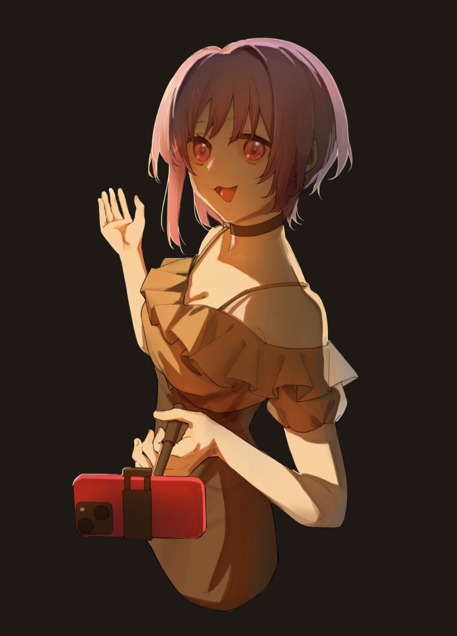 yuutenji nyamu, bang dream!, bang dream! it's mygo!!!!!, commentary request, highres, 1girl, :3, black choker, breasts, brown background, cellphone, choker, cleavage, frilled shirt, frills, grey shirt, hand up, hayashi mujina, off-shoulder shirt, off shoulder, open mouth, phone, pink eyes, purple hair, selfie stick, shirt, short hair, short sleeves, simple background, smartphone, solo