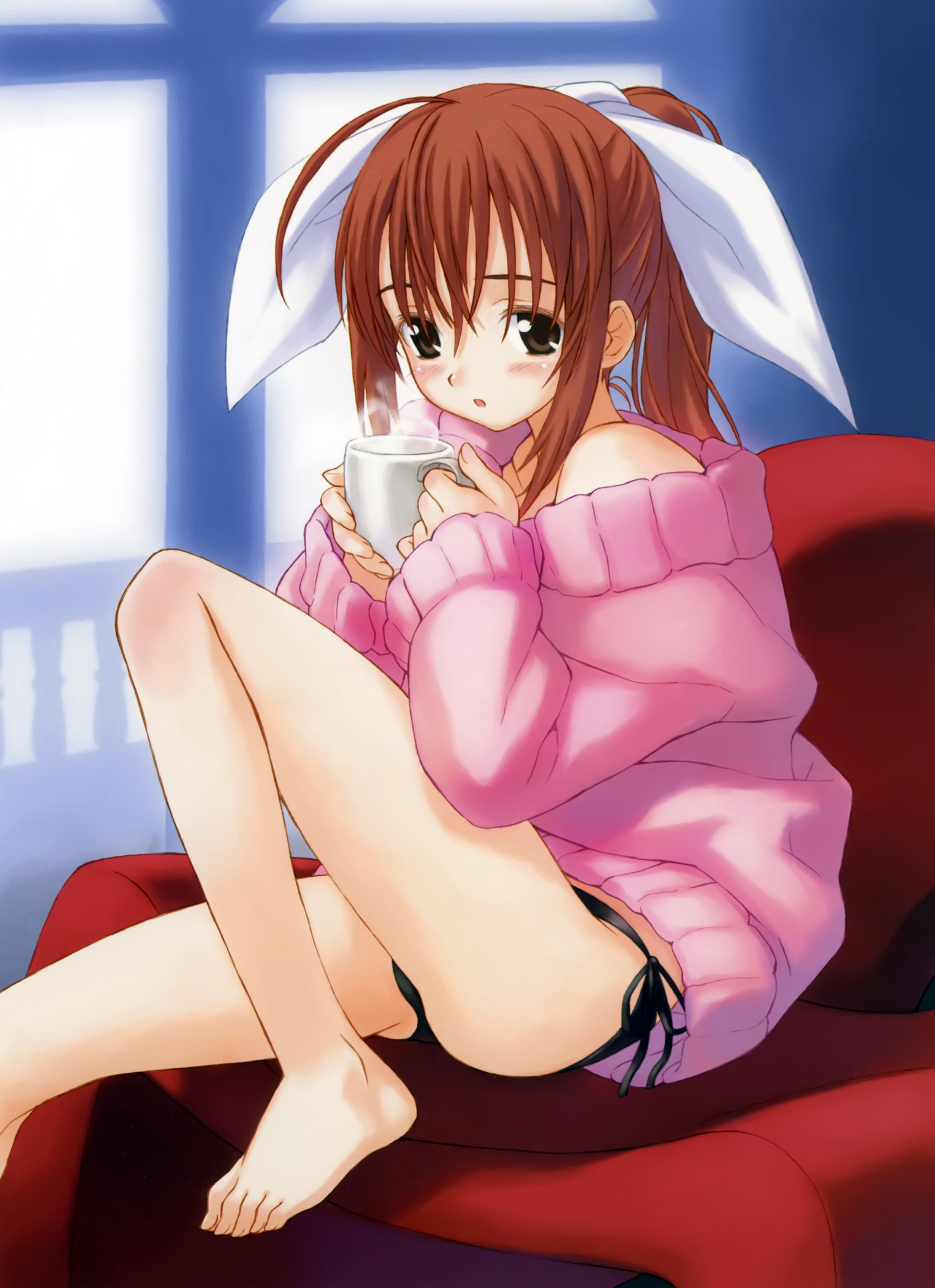 matsuryuu, original, absurdres, highres, scan, 1girl, :o, ahoge, bare shoulders, barefoot, black panties, blush, brown eyes, brown hair, chair, coffee, cup, dress, feet, feet on chair, female focus, long hair, mug, panties, ponytail, ribbon, side-tie panties, solo, steam, sweater, sweater dress, underwear