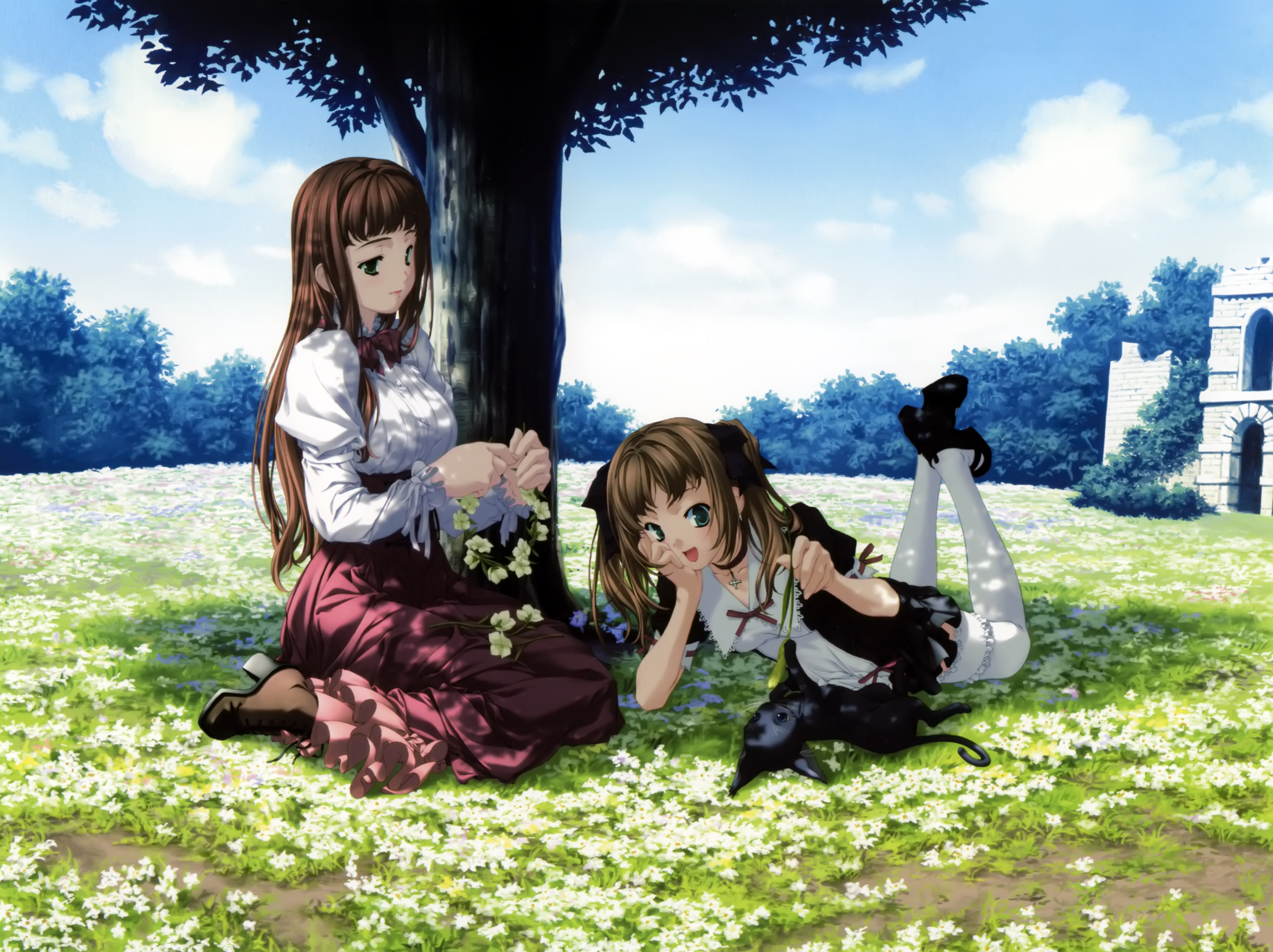 mizutani tooru, cecile (l'heure bleue), lise (l'heure bleue), l'heure bleue, absurdres, highres, 2girls, brown hair, cat, crown, day, dress, flower, green eyes, head rest, head wreath, in tree, multiple girls, ribbon, scenery, sitting, sitting in tree, thighhighs, tree, twintails