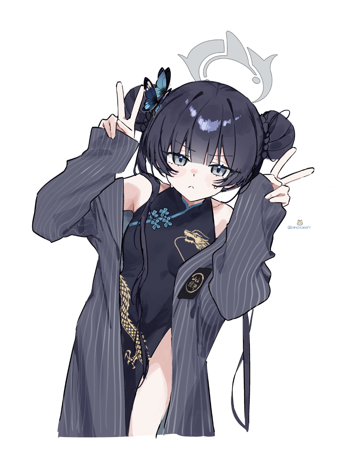 dandandanholo, kisaki (blue archive), blue archive, highres, 1girl, arms up, black dress, black hair, blue butterfly, bug, butterfly, butterfly hair ornament, china dress, chinese clothes, coat, double bun, double v, dragon print, dress, grey coat, grey eyes, grey halo, hair bun, hair ornament, halo, insect, long hair, long sleeves, looking at viewer, off shoulder, open clothes, open coat, pelvic curtain, pinstripe coat, pinstripe pattern, print dress, simple background, sleeves past wrists, solo, v, white background