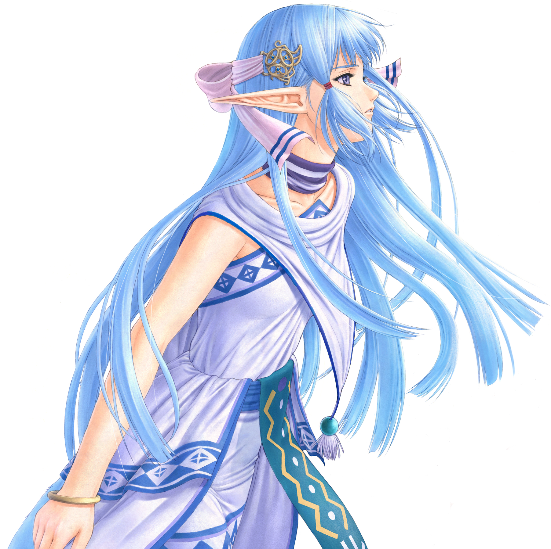 taue shunsuke, olha (ys), ys, ys vi, ys vi: the ark of napishtim, highres, official art, 1girl, blue eyes, blue hair, bracelet, dress, elf, female focus, hair ornament, jewelry, matching hair/eyes, pointy ears, rehda, ribbon, solo, white background