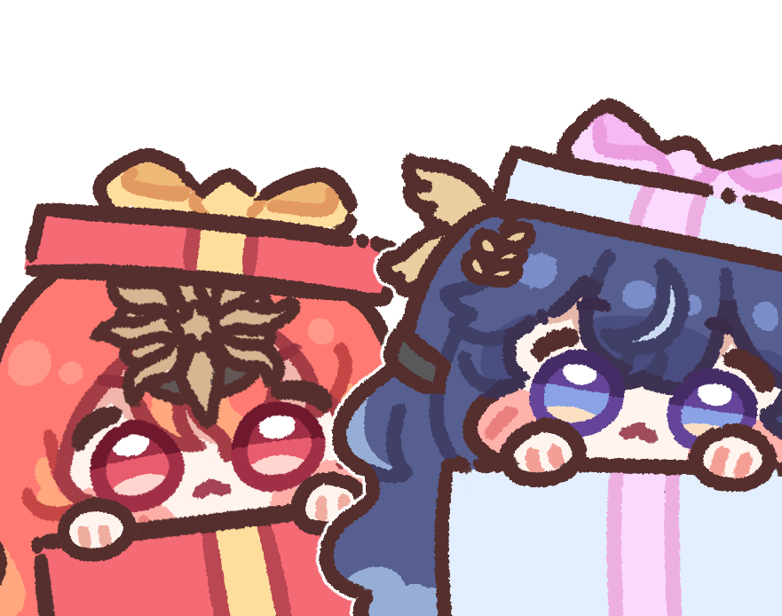 bugi 33, augusta (wuthering waves), iuno (wuthering waves), wuthering waves, 2girls, blue eyes, box, chibi, chibi only, close-up, facing viewer, gift, gift box, hair ornament, looking at viewer, multiple girls, red eyes, white background