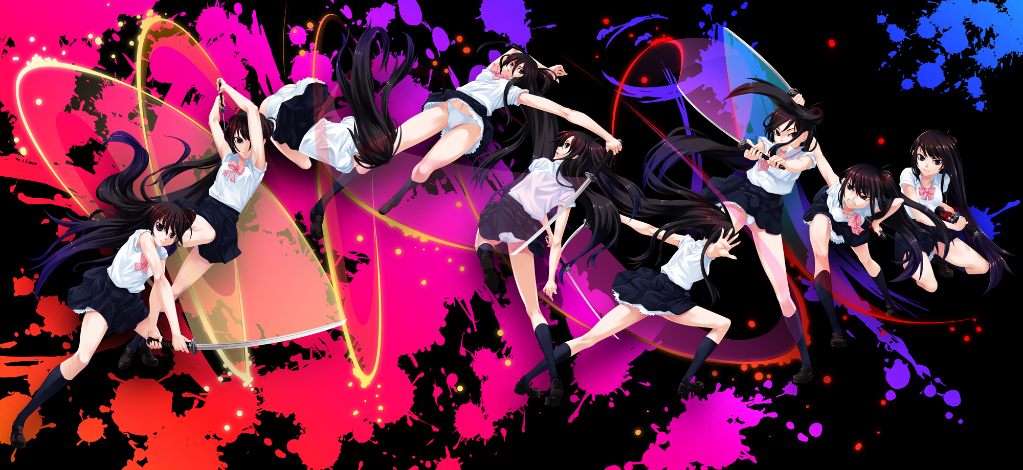 hamada youho, original, bad id, bad pixiv id, highres, bow, brown hair, legs, long hair, panties, pantyshot, purple eyes, school uniform, serafuku, side ponytail, skirt, sword, underwear, weapon