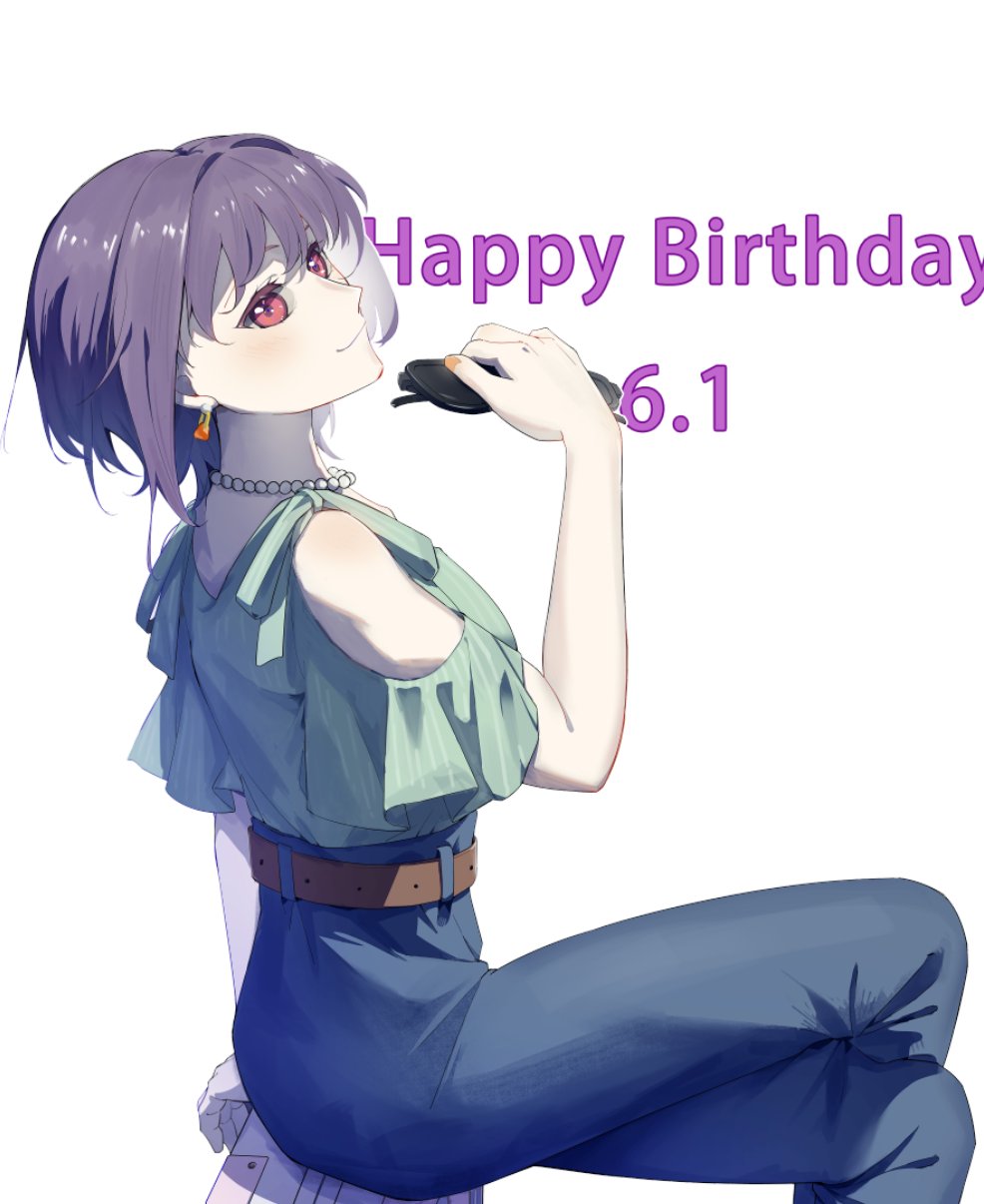 yuutenji nyamu, bang dream!, bang dream! it's mygo!!!!!, commentary, highres, 1girl, bead necklace, beads, blue pants, clothing cutout, dated, earrings, green shirt, happy birthday, hayashi mujina, jewelry, necklace, pants, pink eyes, purple hair, shirt, short hair, shoulder cutout, simple background, solo, white background