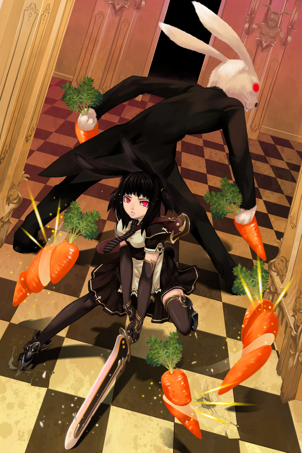 hamada youho, white rabbit (alice in wonderland), alice's adventures in wonderland, bad id, bad pixiv id, highres, 1girl, battle, black hair, carrot, rabbit, red eyes, short hair, sword, thighhighs, weapon