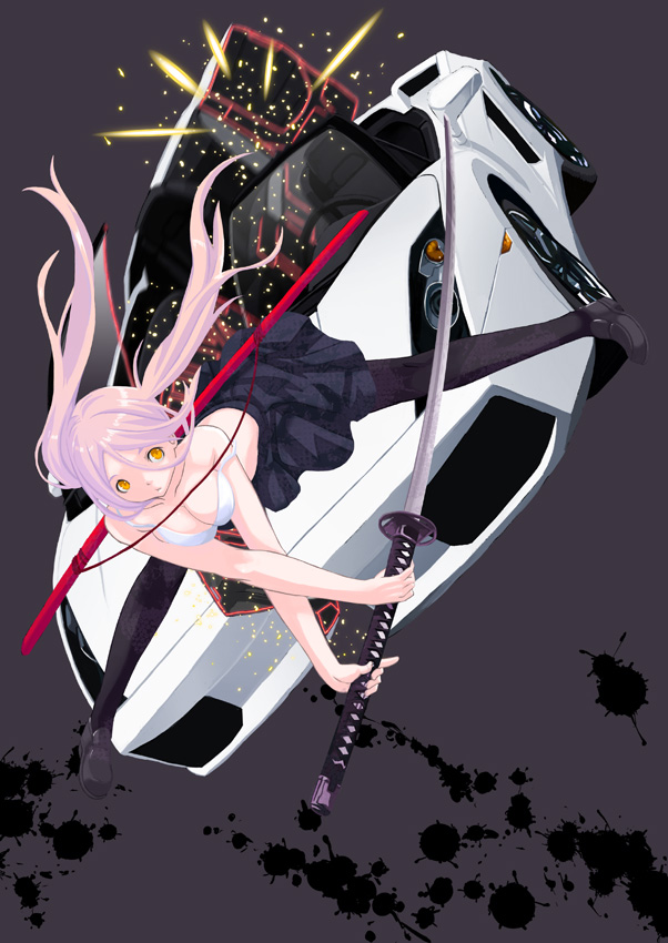 hamada youho, lamborghini, original, 1girl, bra, breasts, car, cleavage, female focus, gallardo, katana, lamborghini gallardo, large breasts, legs, lingerie, motor vehicle, pantyhose, pink hair, solo, sword, thighhighs, twintails, underwear, weapon, yellow eyes