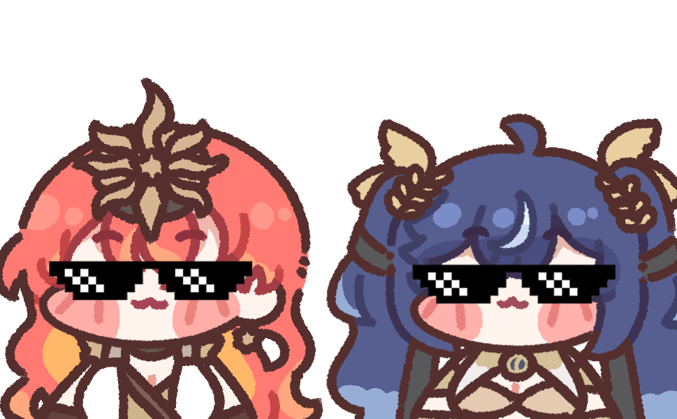bugi 33, augusta (wuthering waves), iuno (wuthering waves), wuthering waves, 2girls, blush stickers, chibi, chibi only, facing viewer, glasses, hair ornament, looking at viewer, multiple girls, smile, white background
