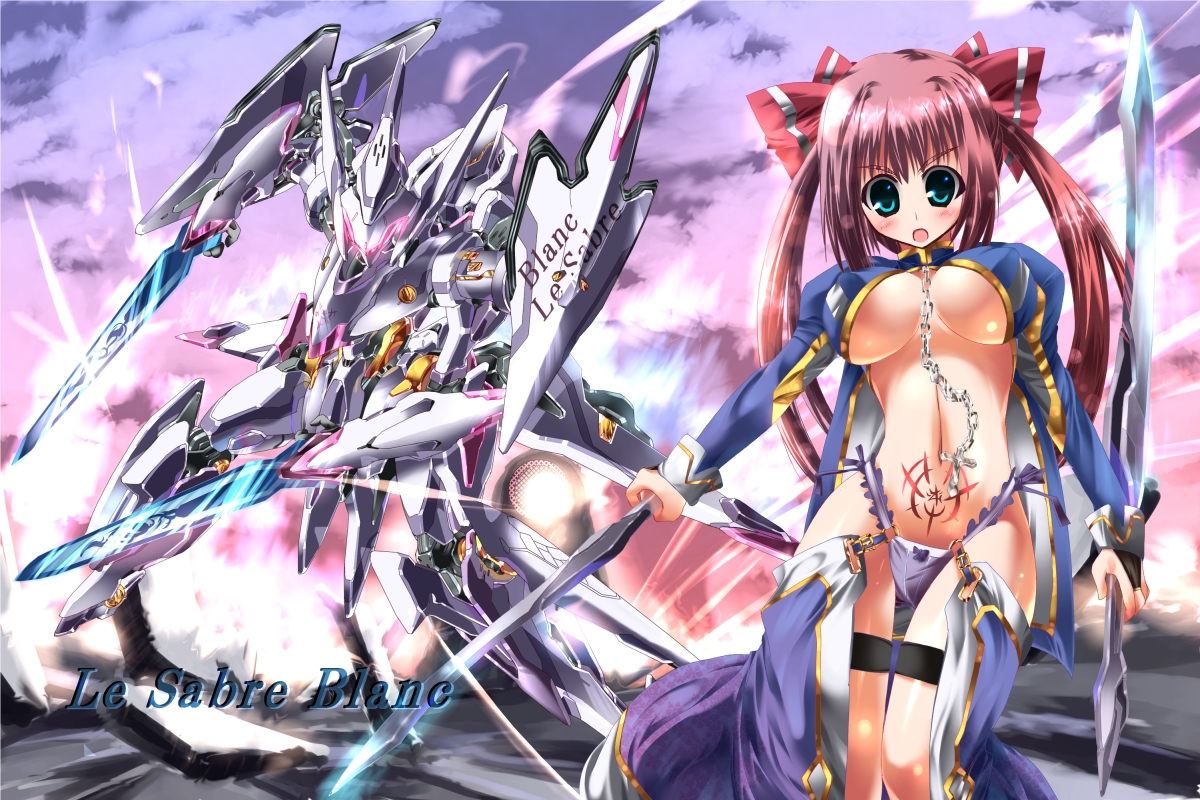 yoshimoto (dear life), original, 1girl, breasts, brown hair, cleavage, female focus, green eyes, large breasts, mecha, midriff, panties, robot, side-tie panties, solo, sword, tattoo, twintails, underboob, underwear, weapon