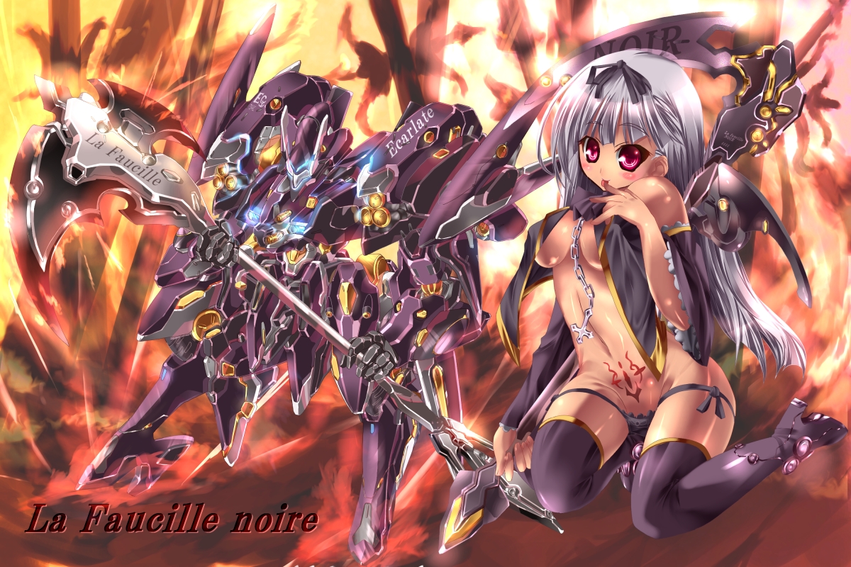 yoshimoto (dear life), original, 1girl, breasts, cleavage, female focus, grey hair, large breasts, mecha, red eyes, robot, scythe, solo