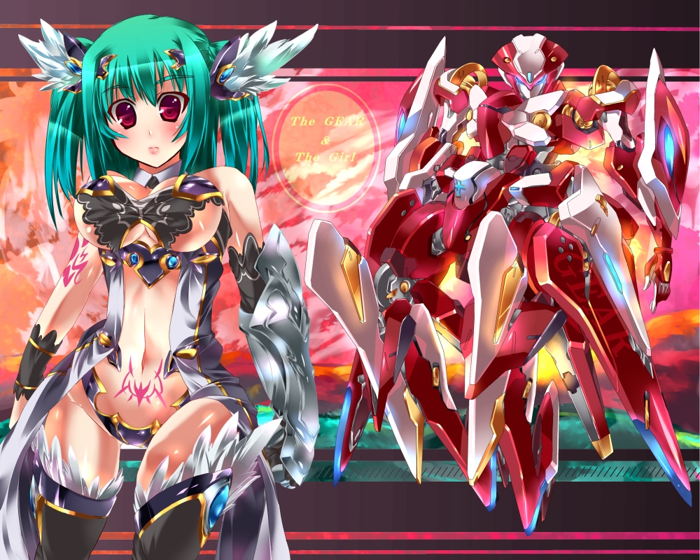 yoshimoto (dear life), original, 1girl, breasts, cleavage, female focus, green hair, large breasts, mecha, midriff, red eyes, robot, sideboob, solo