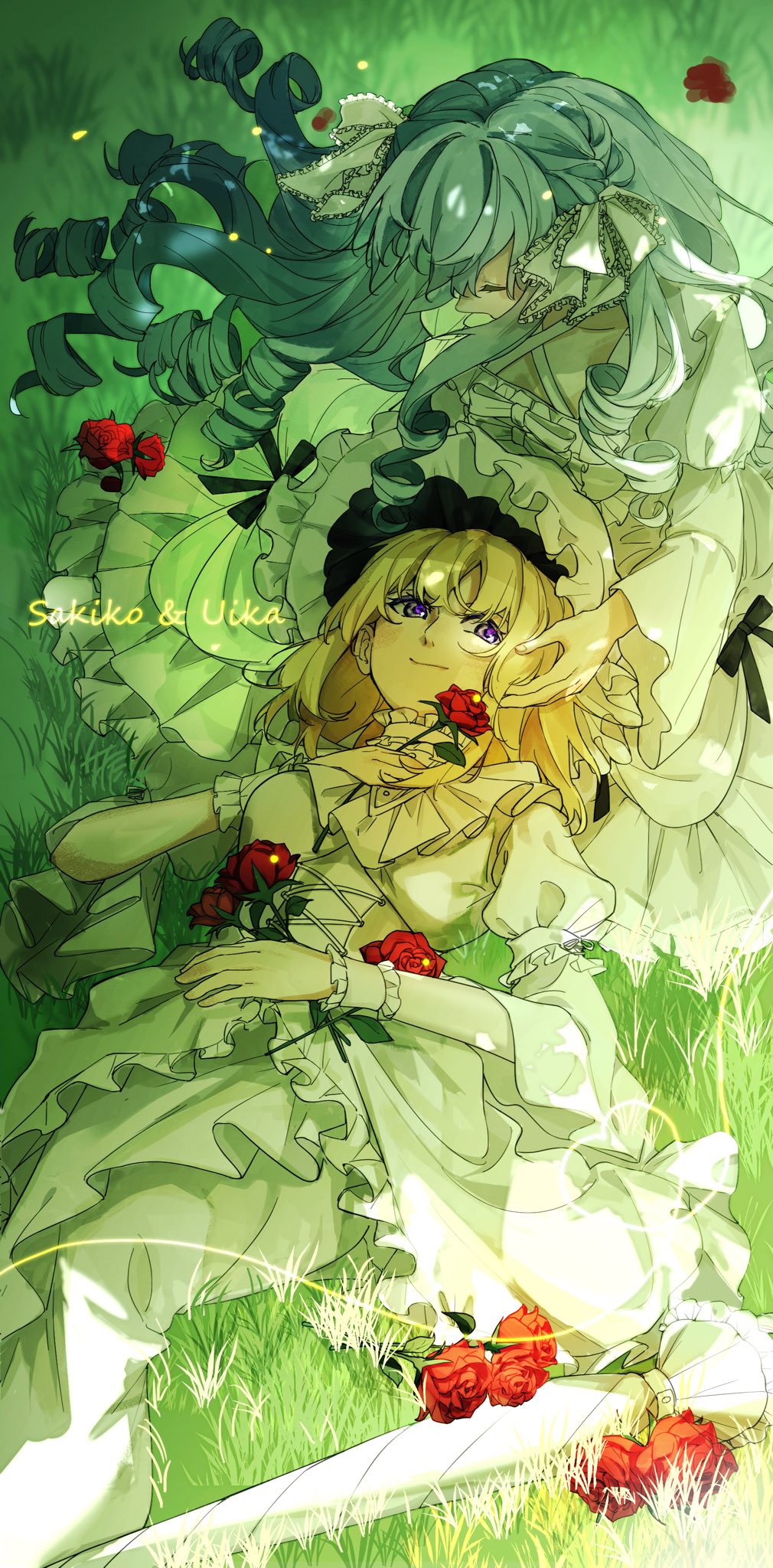 misumi uika, togawa sakiko, bang dream!, bang dream! it's mygo!!!!!, commentary, hashtag-only commentary, highres, 2girls, blonde hair, blue hair, closed eyes, closed mouth, dress, drill hair, flower, hand in another's hair, hat, hayashi mujina, lap pillow, long hair, lying, multiple girls, on back, purple eyes, red flower, red rose, rose, white dress, white hat, yuri