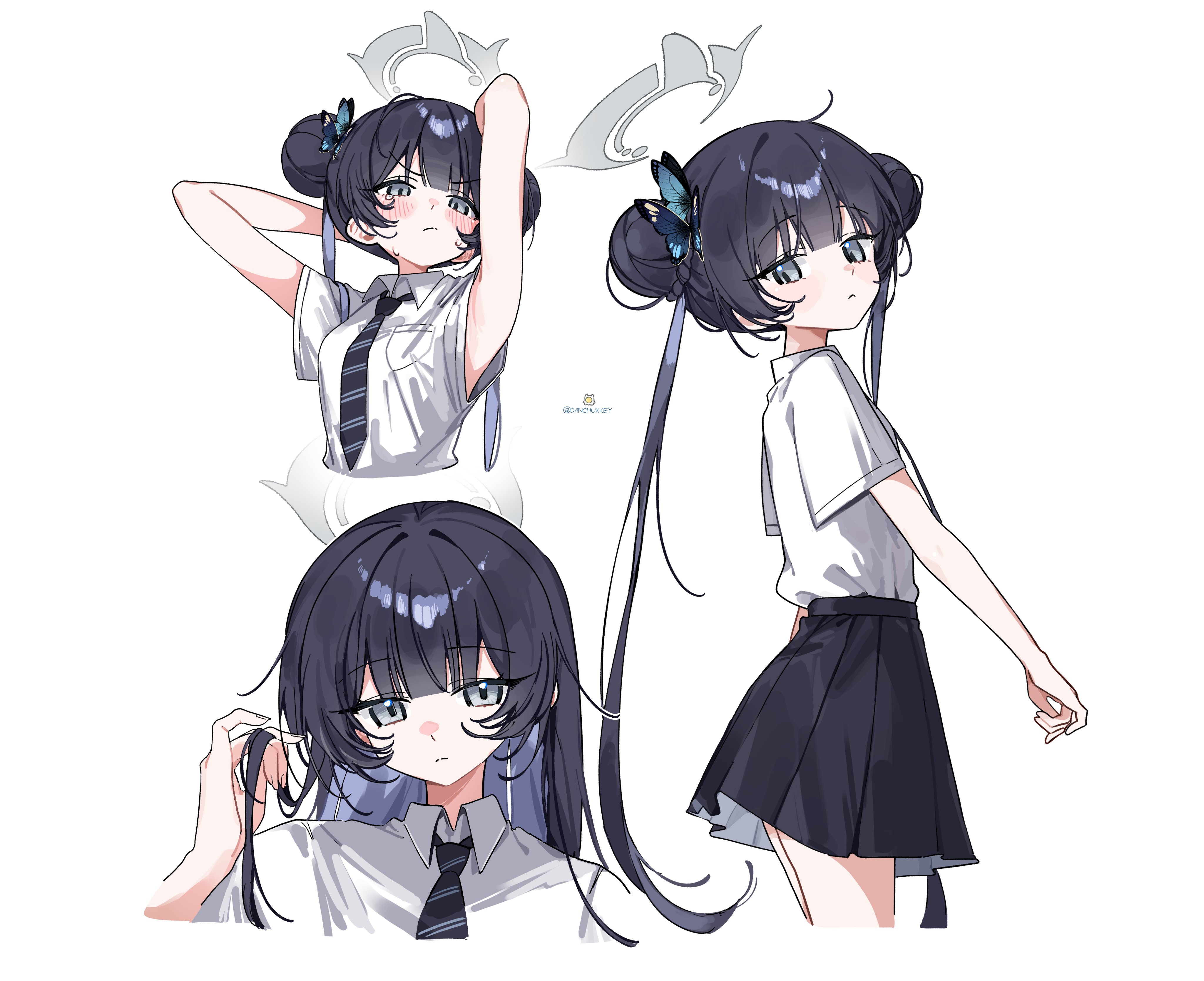 dandandanholo, kisaki (blue archive), kisaki (school uniform) (blue archive), blue archive, absurdres, highres, 1girl, armpits, arms up, black hair, black necktie, black skirt, blue butterfly, blunt bangs, bug, butterfly, butterfly hair ornament, coat, collared shirt, grey eyes, grey halo, hair bun, hair ornament, halo, insect, long hair, looking at viewer, multiple views, necktie, official alternate costume, playing with own hair, school uniform, shirt, shirt tucked in, simple background, skirt, solo, striped necktie, twintails, white background