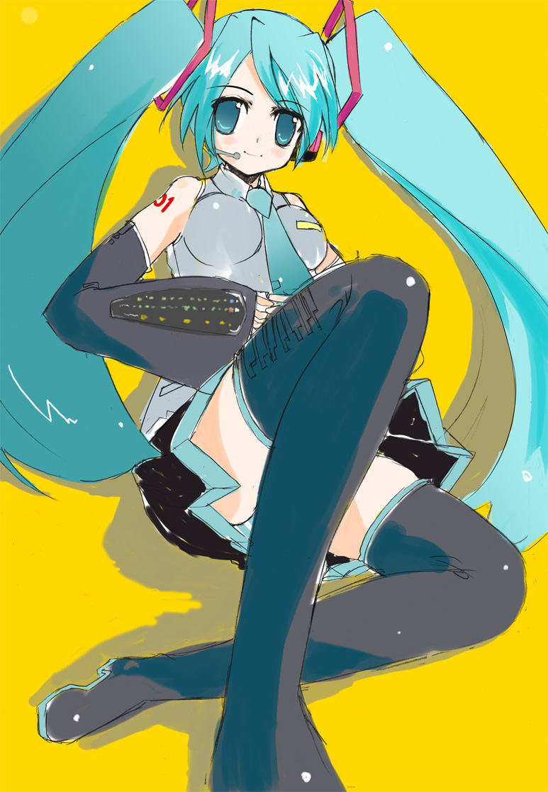 hatsune miku, vocaloid, 1girl, aqua hair, female focus, panties, solo, thighhighs, twintails, underwear