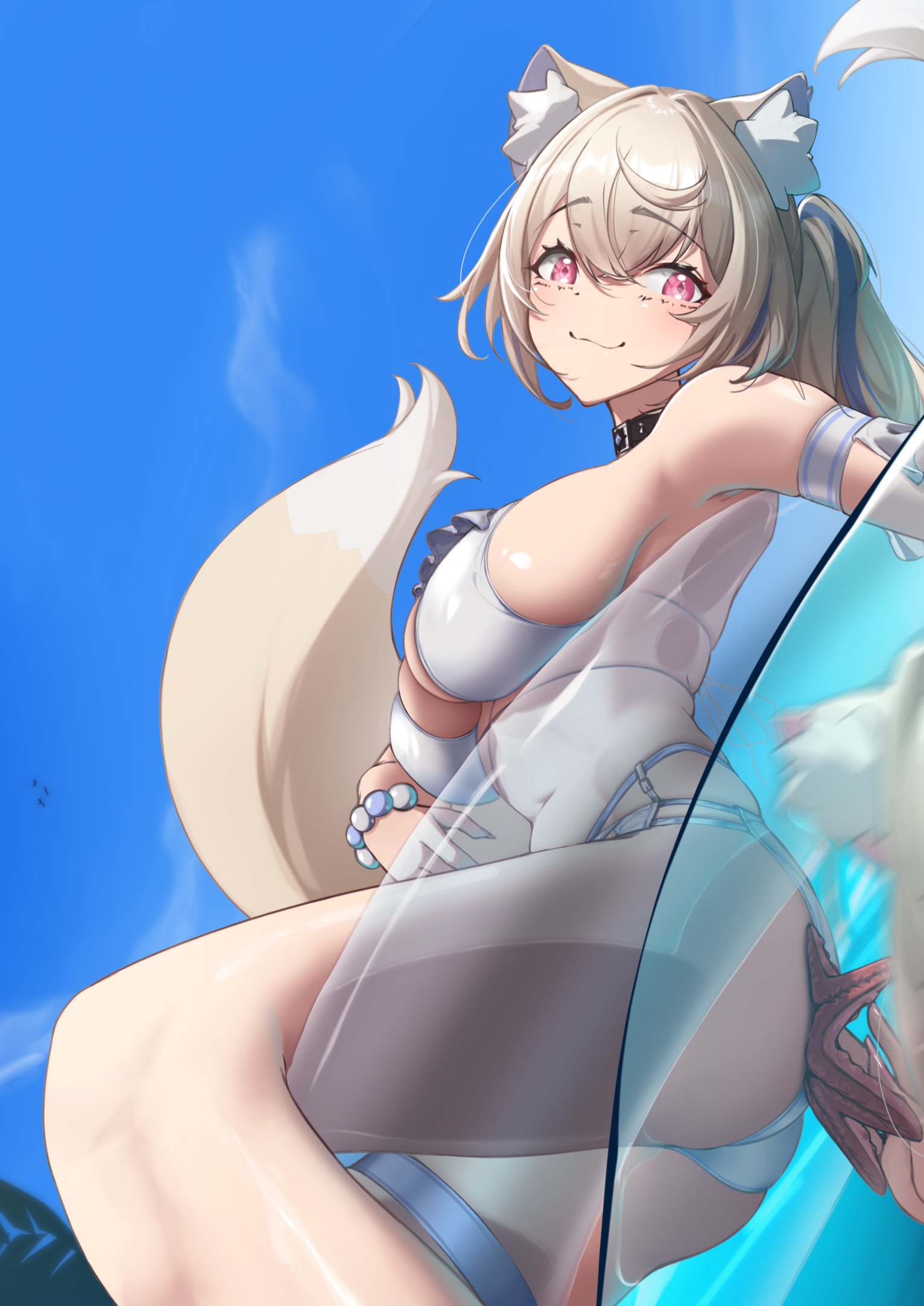 midorimae, fuwawa abyssgard, hololive, hololive english, highres, 1girl, animal ears, ass, bikini, blonde hair, blue hair, breasts, closed mouth, dog ears, dog girl, dog tail, from below, large breasts, long hair, multicolored hair, pink eyes, smile, solo, streaked hair, swimsuit, tail, two-tone hair, virtual youtuber, white bikini