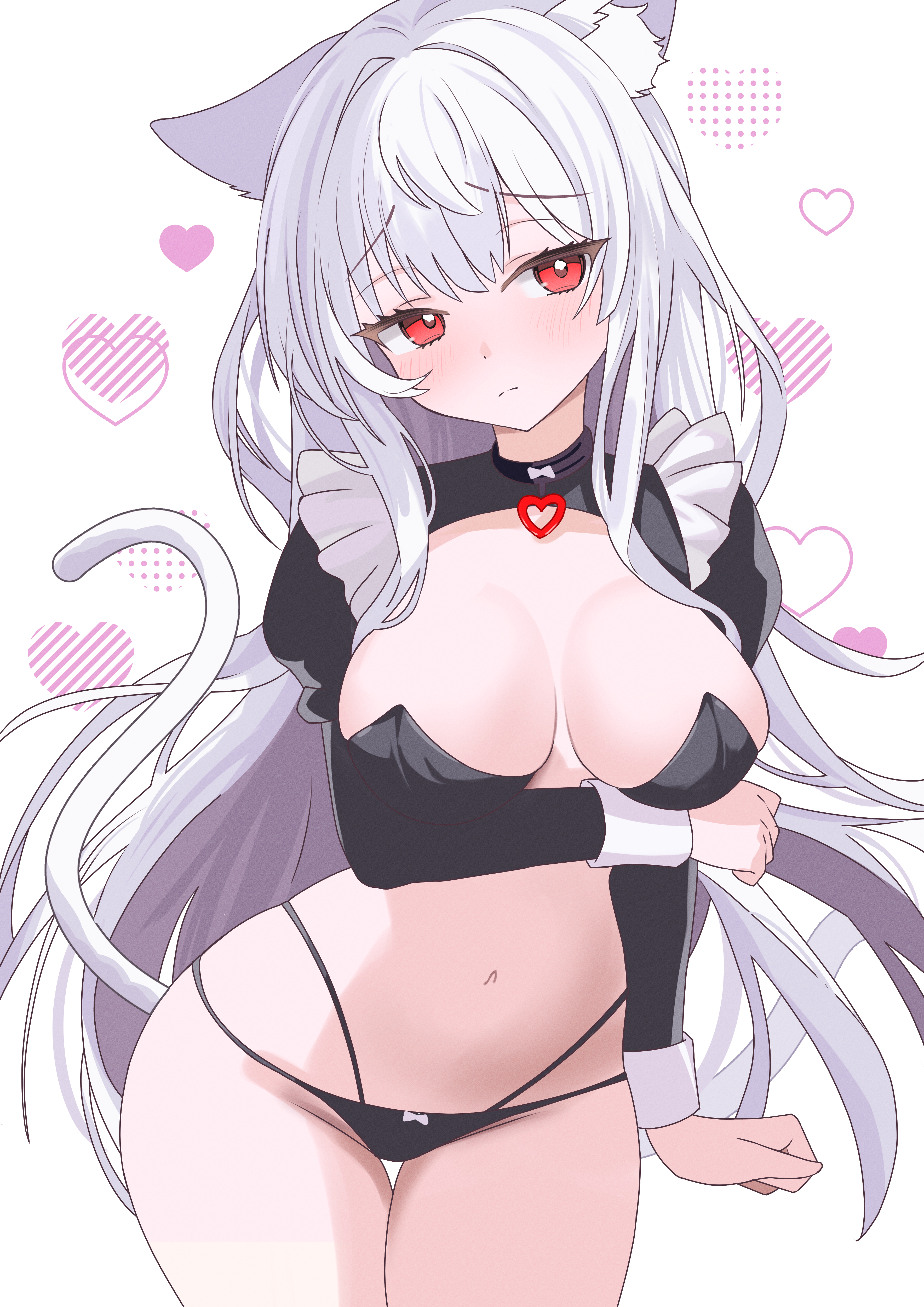 kanimiso30601, original, absurdres, highres, 1girl, animal ear fluff, animal ears, arm under breasts, black panties, black shrug, blush, breasts, bridgeless bra, cat ears, cat girl, cat tail, cleavage, frown, highleg, highleg panties, large breasts, long hair, long sleeves, looking to the side, navel, panties, red eyes, shrug (clothing), solo, stomach, tail, underwear, very long hair, white hair, white wrist cuffs, wrist cuffs