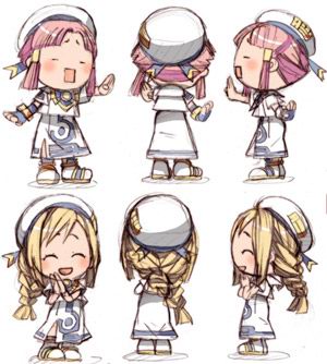 amano kozue, alicia florence, mizunashi akari, aria (manga), lowres, 00s, 2girls, beret, blonde hair, blouse, blush, boots, braid, chibi, closed eyes, full body, gloves, hat, long hair, multiple girls, open mouth, pink hair, reaching, shirt, side slit, sidelocks, single braid, single glove, sketch, smile, standing, white shirt