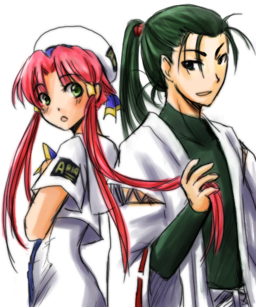izumo akatsuki, mizunashi akari, aria (manga), 00s, 1boy, 1girl, :o, beret, blouse, blush, crossed arms, green eyes, green hair, hair tubes, hat, lab coat, long hair, looking at viewer, parted lips, ponytail, shirt, short sleeves, sidelocks, simple background, upper body, white background, white shirt