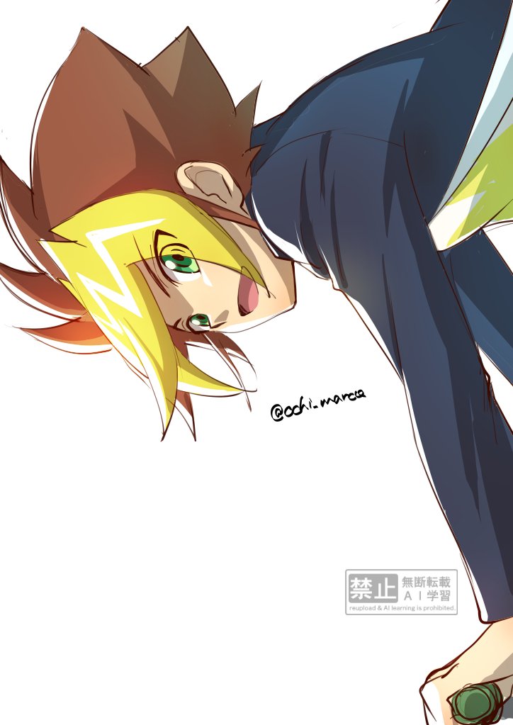 ochi marco, yu-gi-oh!, yu-gi-oh! sevens, character request, 1boy, black jacket, blonde hair, brown hair, green eyes, jacket, multicolored hair, simple background, solo, twitter username, two-tone hair, white background