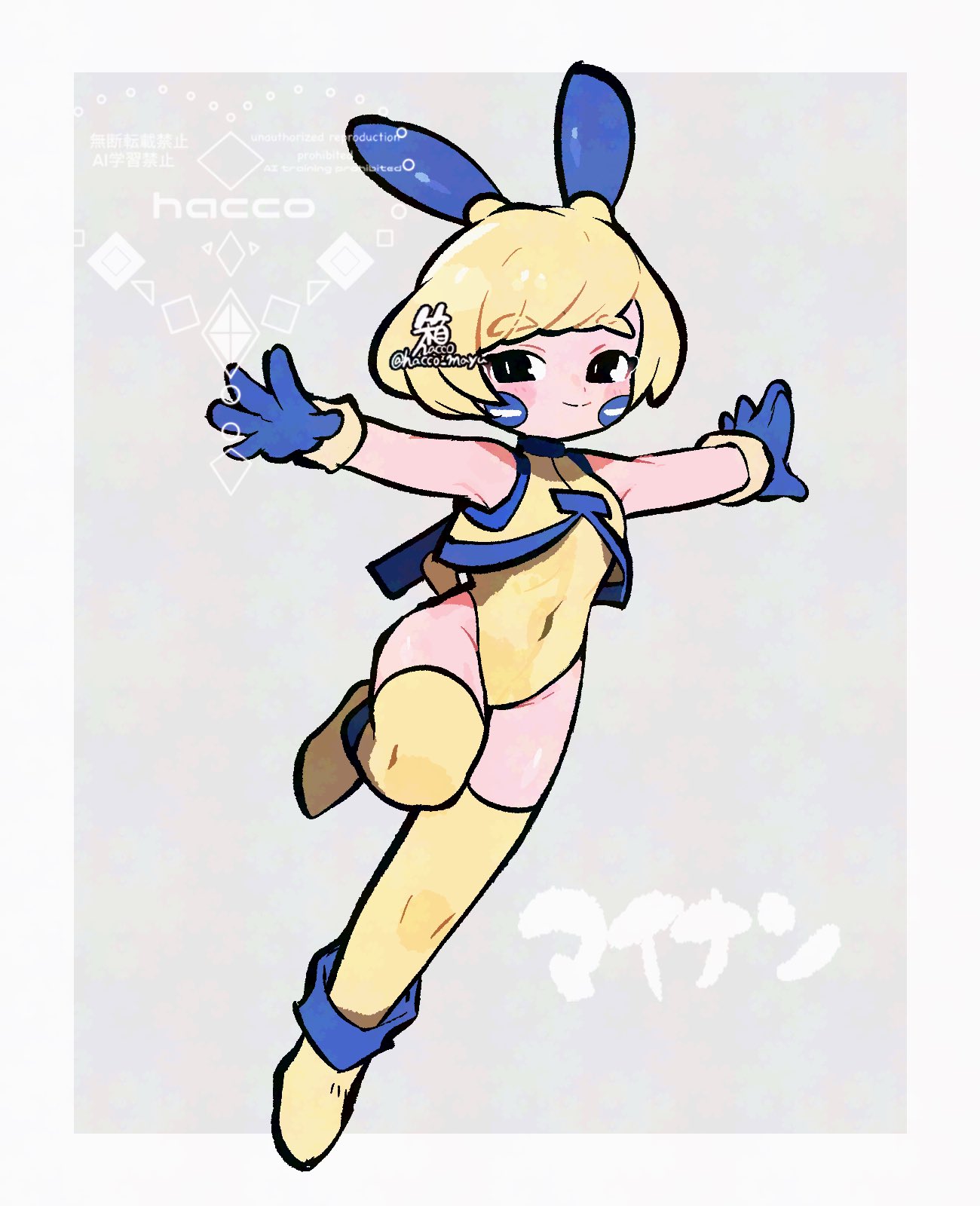 hacco mayu, minun, nintendo, pokemon, highres, 1girl, animal ears, black eyes, blonde hair, blue gloves, character name, covered navel, cropped vest, facial mark, full body, gen 3 pokemon, gloves, hands up, knee up, leg up, leotard, looking at viewer, marking on cheek, outstretched arms, personification, short hair, smile, solo, spread arms, tail, thighhighs, vest, yellow leotard, yellow thighhighs, yellow vest